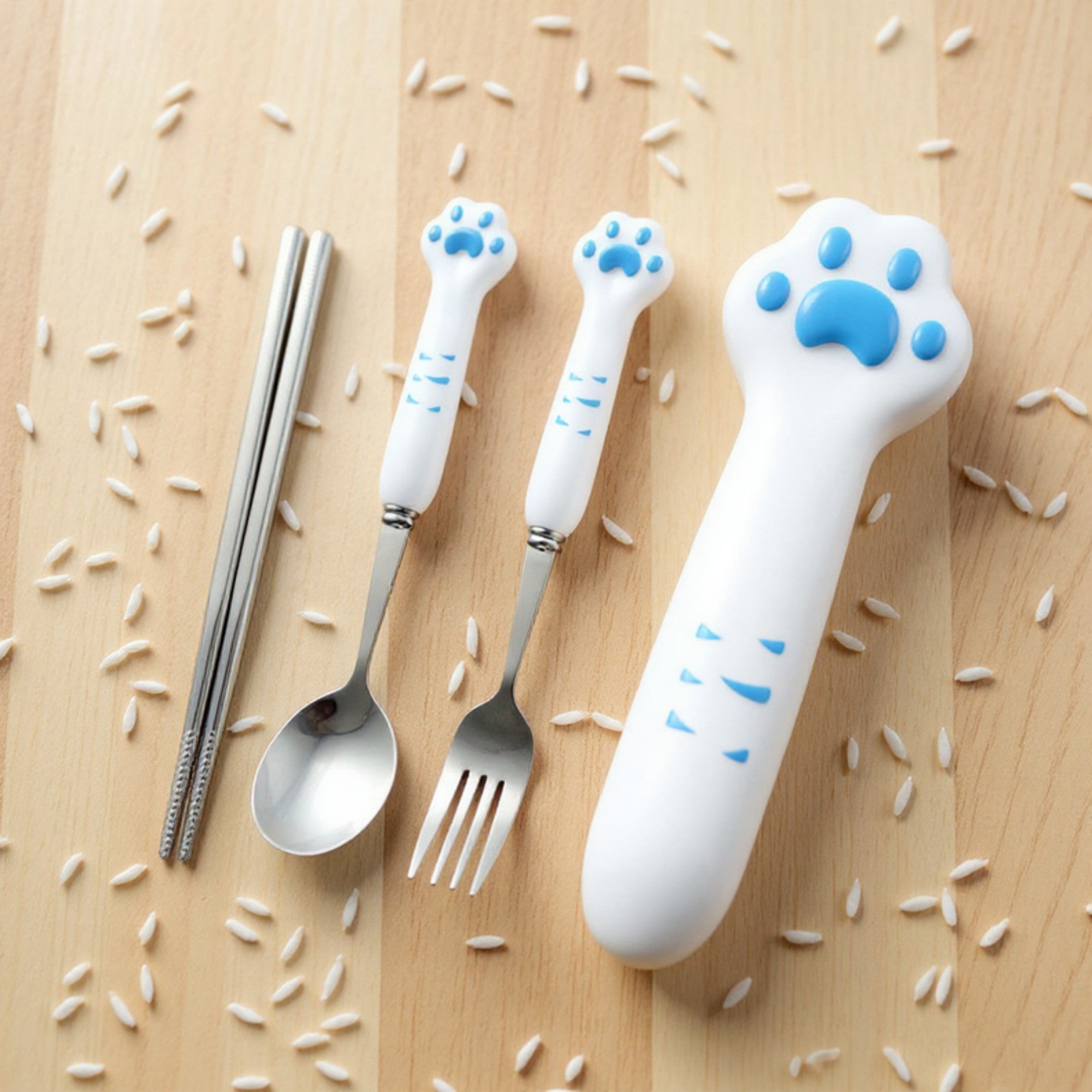 Anna-Kaci Paw Handle Stainless Steel Kids Flatware Set with Spoon Fork Chopsticks and Storage Case