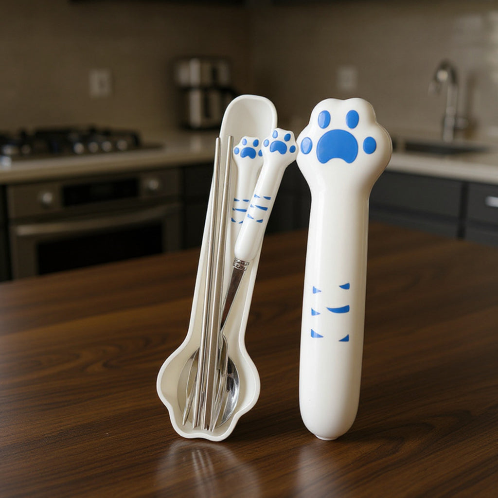 Anna-Kaci Paw Handle Stainless Steel Kids Flatware Set with Spoon Fork Chopsticks and Storage Case