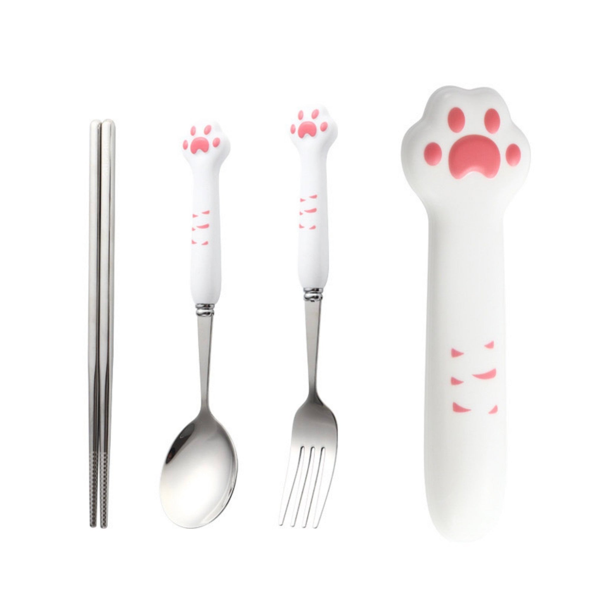 Anna-Kaci Paw Handle Stainless Steel Kids Flatware Set with Spoon Fork Chopsticks and Storage Case