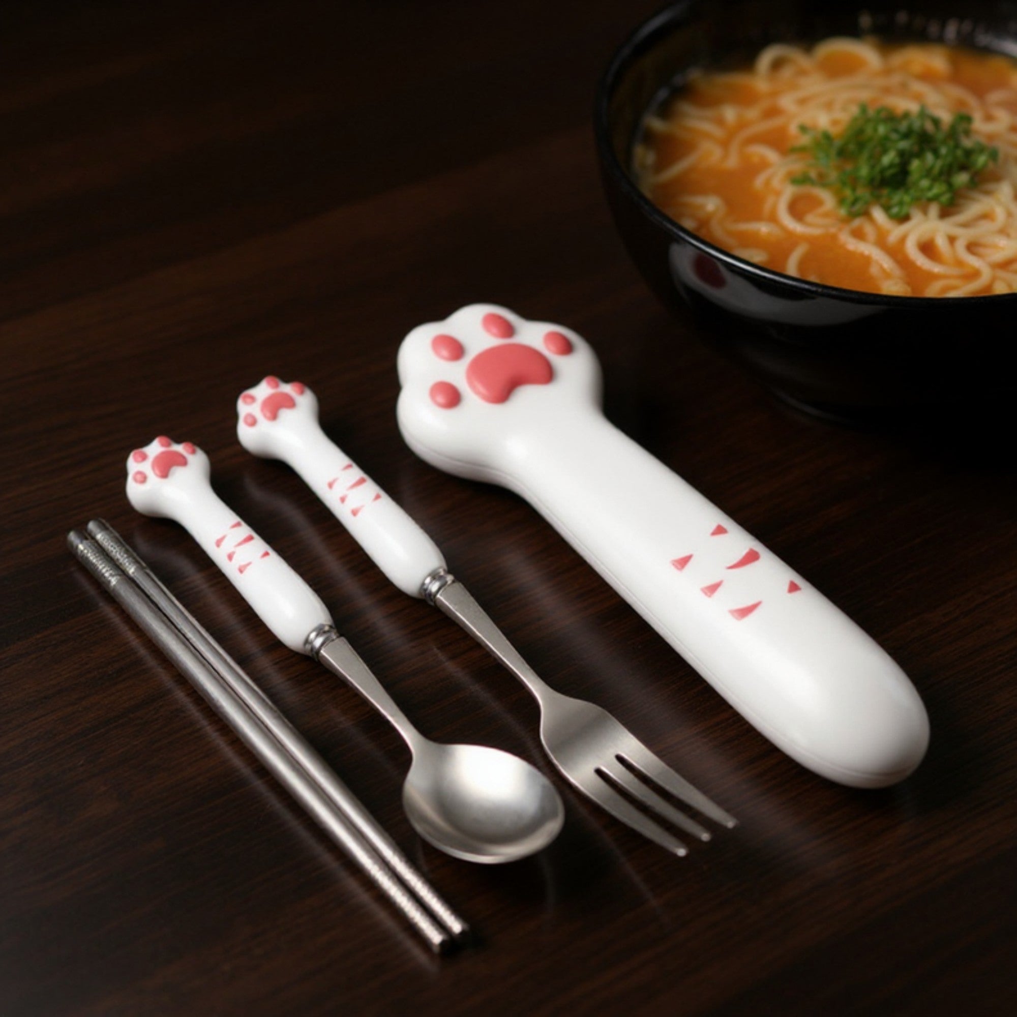 Anna-Kaci Paw Handle Stainless Steel Kids Flatware Set with Spoon Fork Chopsticks and Storage Case
