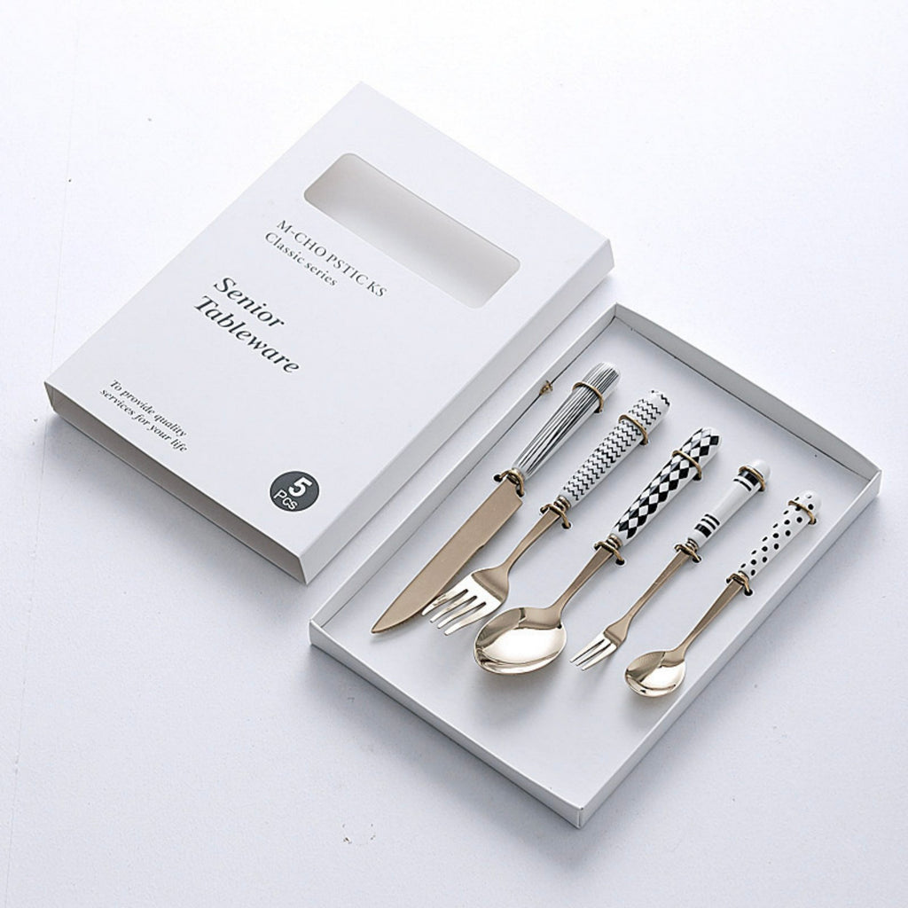 Anna-Kaci Mixed Handle Stainless Steel Flatware Set with Patterned Grip Design 5 Piece Set