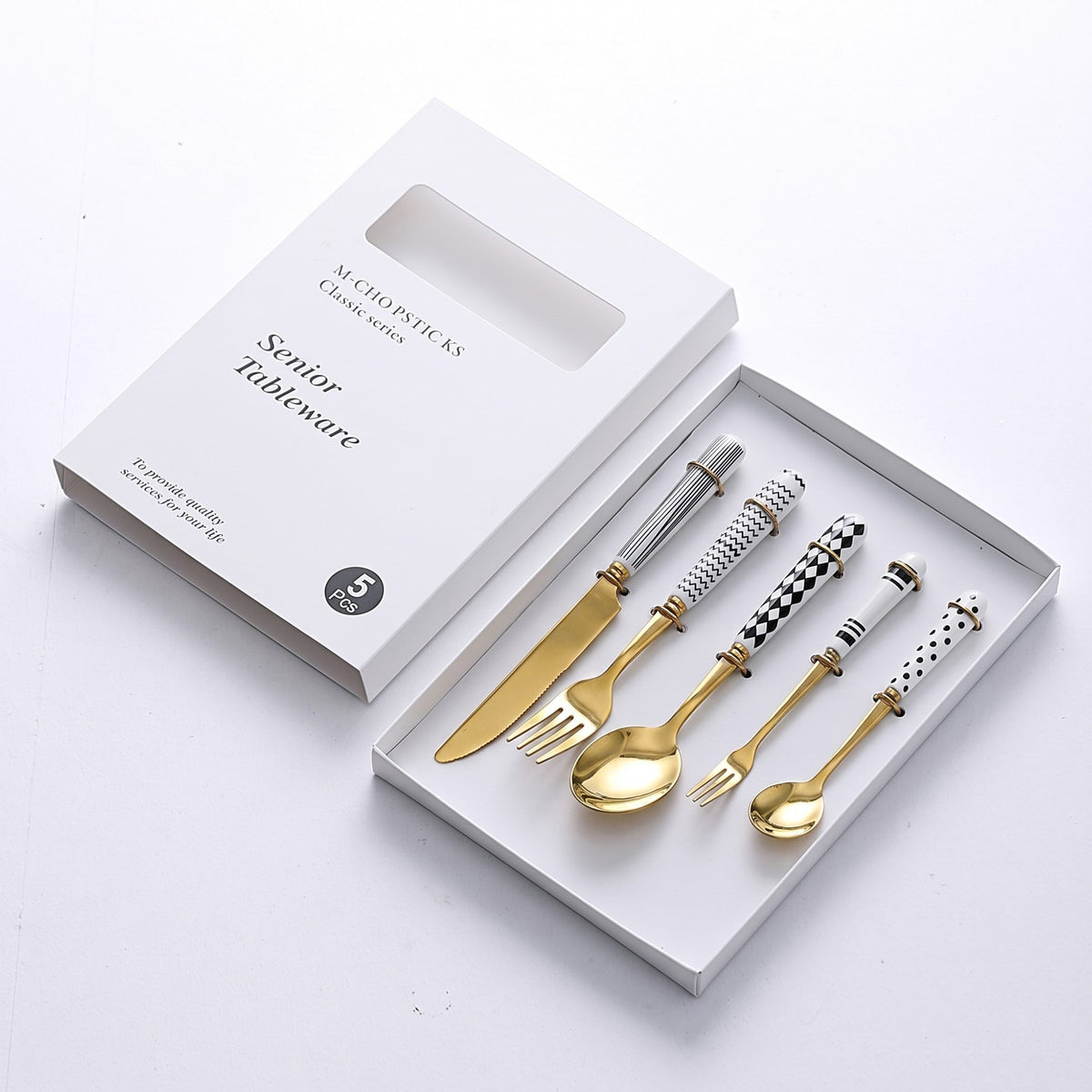 Mixed Handle Stainless Steel Flatware Set with Patterned Grip Design 5 Piece Set