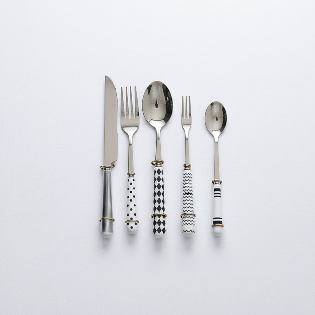 Anna-Kaci Mixed Handle Stainless Steel Flatware Set with Patterned Grip Design 5 Piece Set