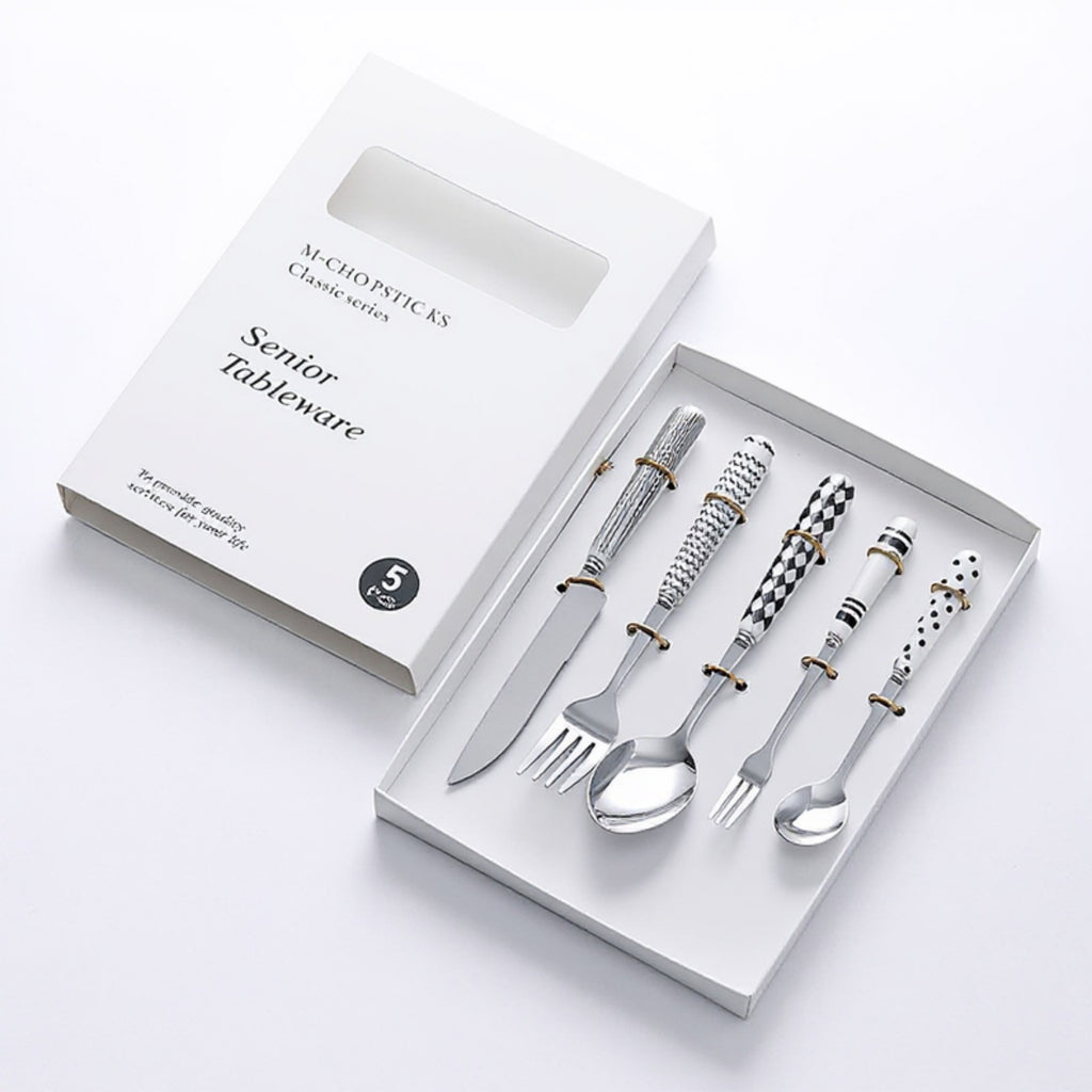Anna-Kaci Mixed Handle Stainless Steel Flatware Set with Patterned Grip Design 5 Piece Set
