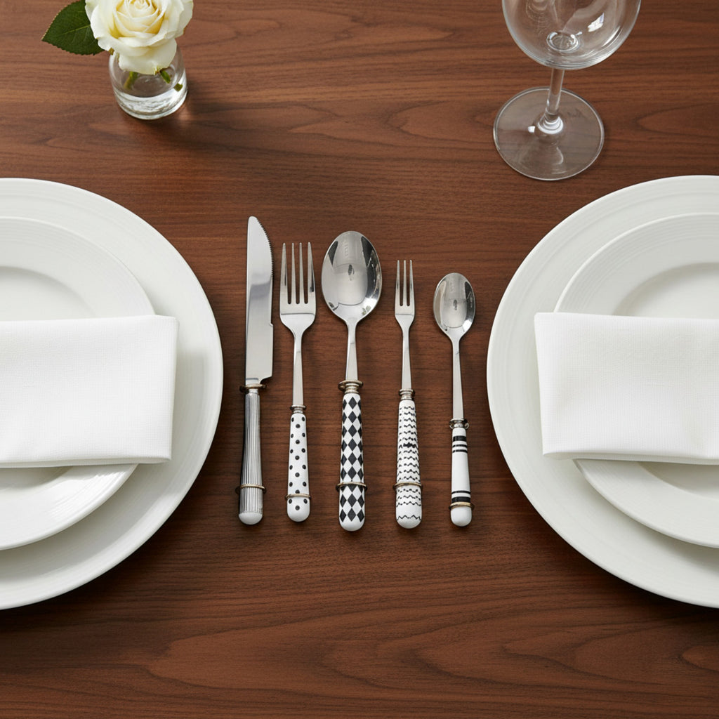 Anna-Kaci Mixed Handle Stainless Steel Flatware Set with Patterned Grip Design 5 Piece Set