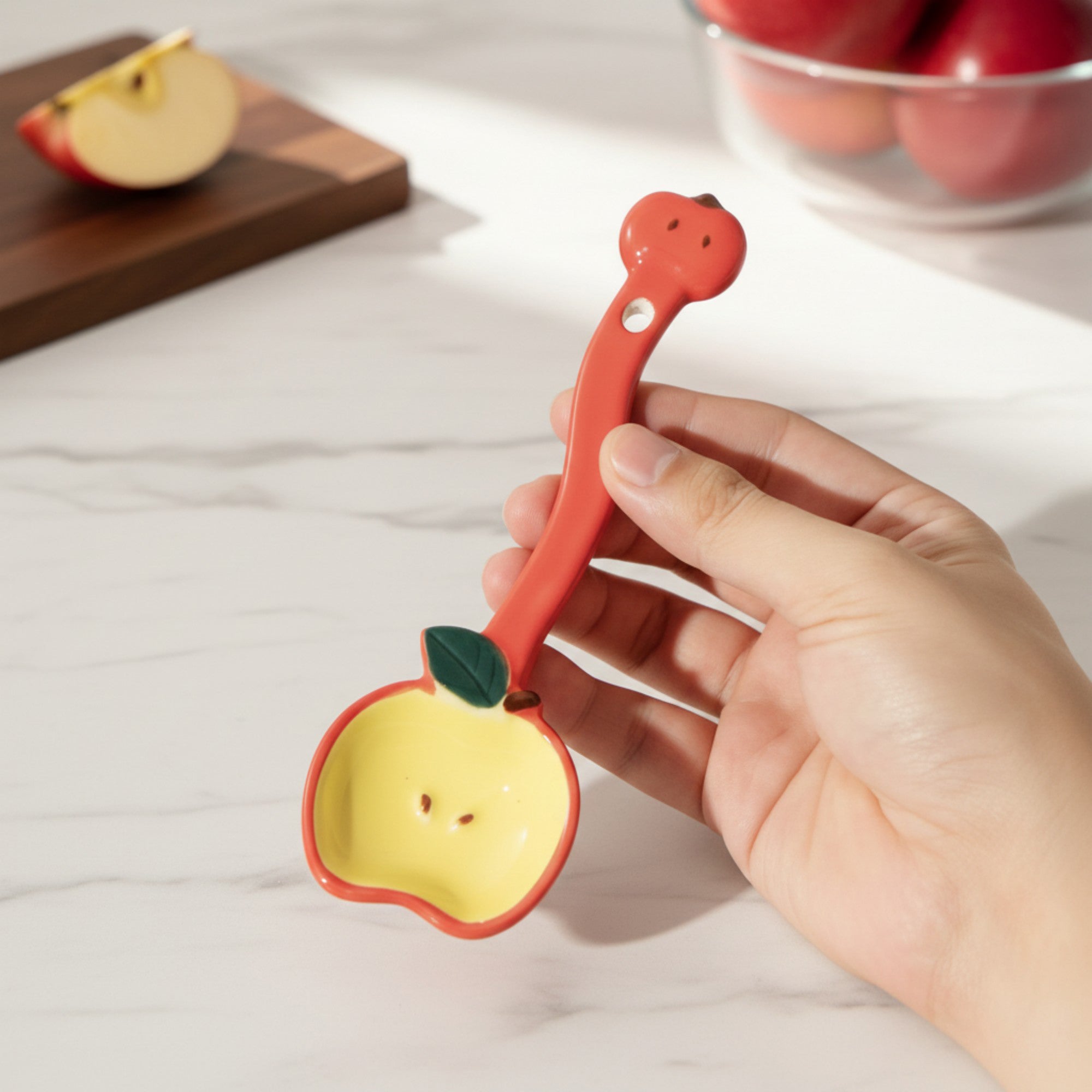 Anna-Kaci Apple Shaped Ceramic Reusable Spoon Set with Hanging Handle Design 3 Piece Set