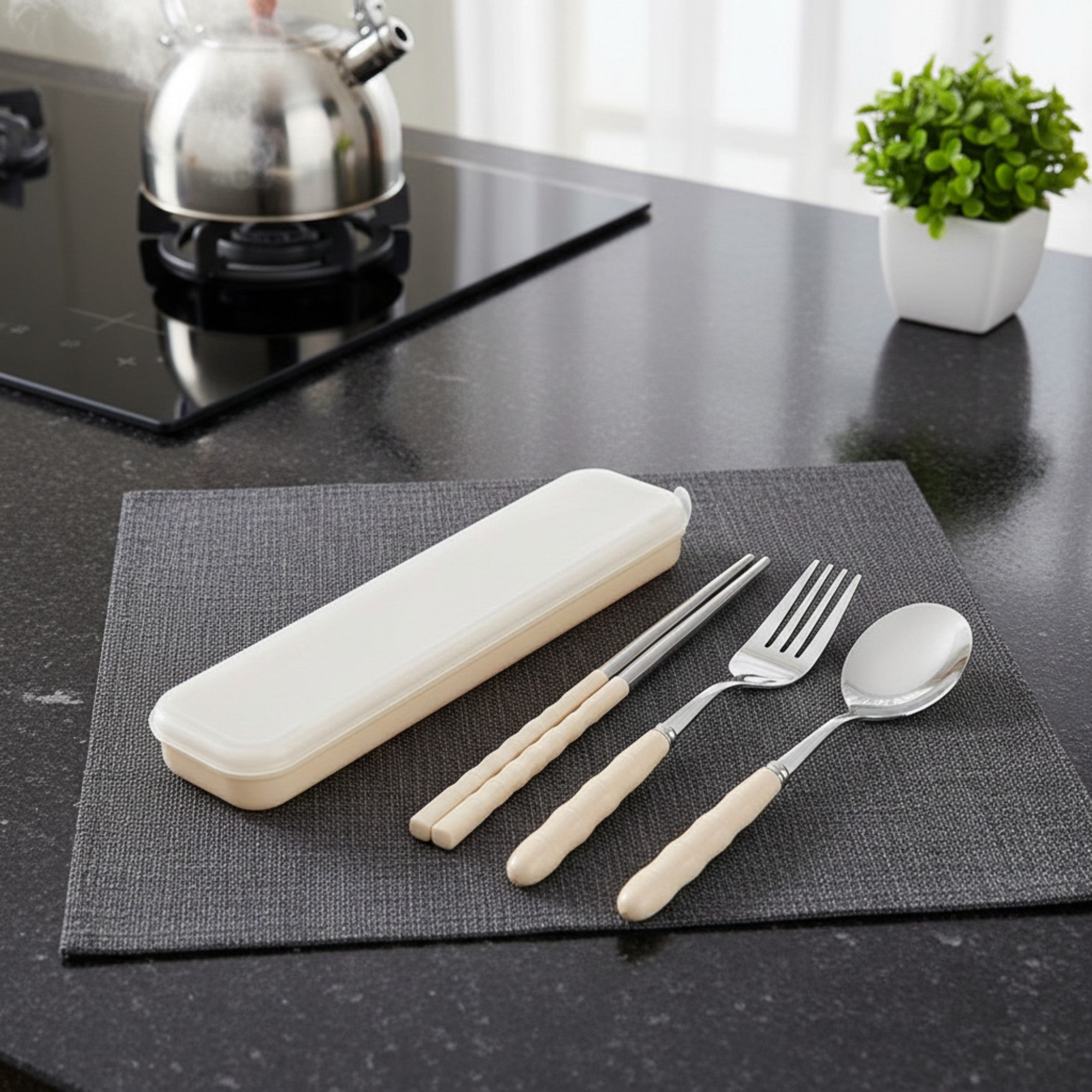 Anna-Kaci Reusable Travel Cutlery Set with Chopsticks Fork Spoon and Storage Case