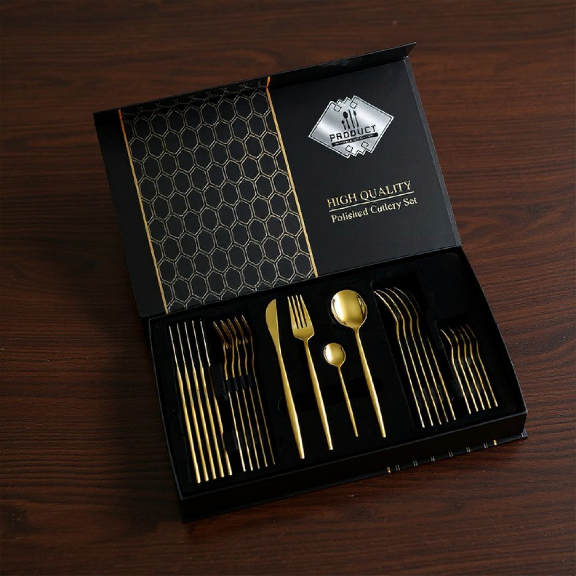 Anna-Kaci Polished Cutlery Set with Coordinated Flatware Pieces and Decorative Storage Box