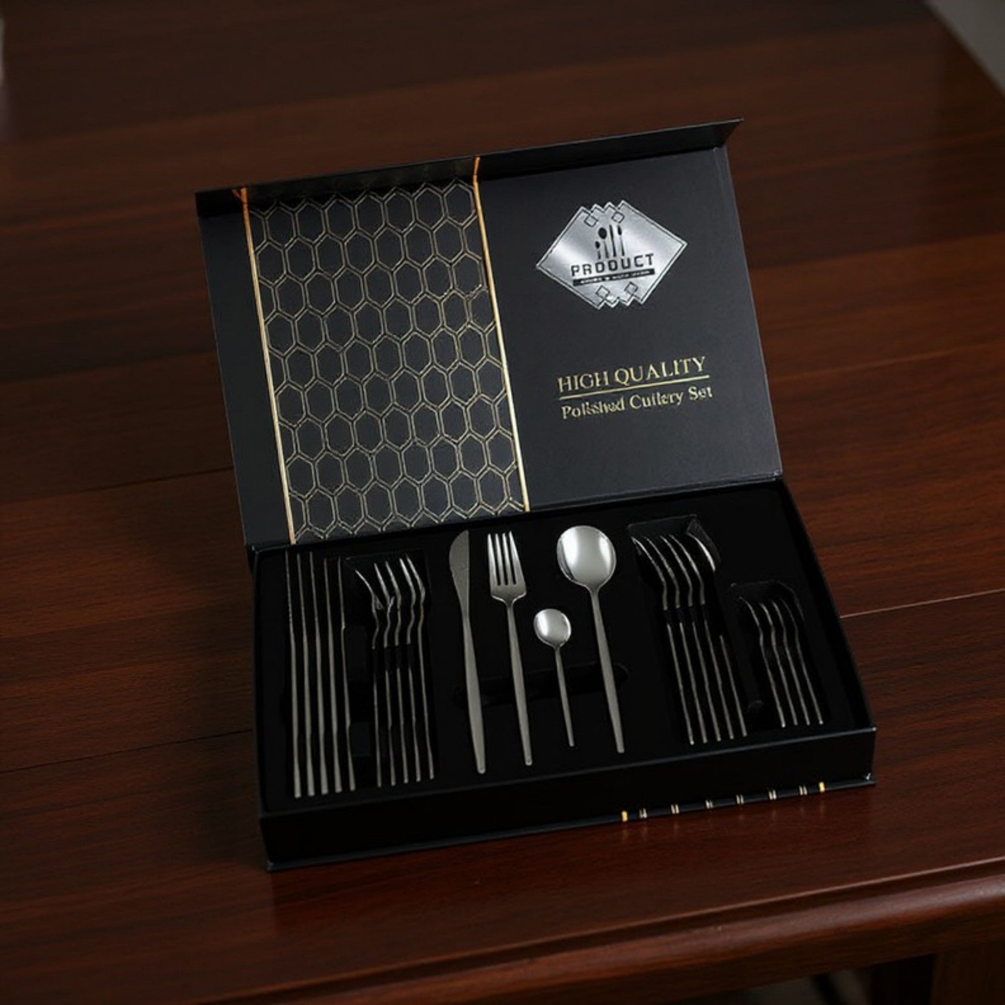 Anna-Kaci Polished Cutlery Set with Coordinated Flatware Pieces and Decorative Storage Box