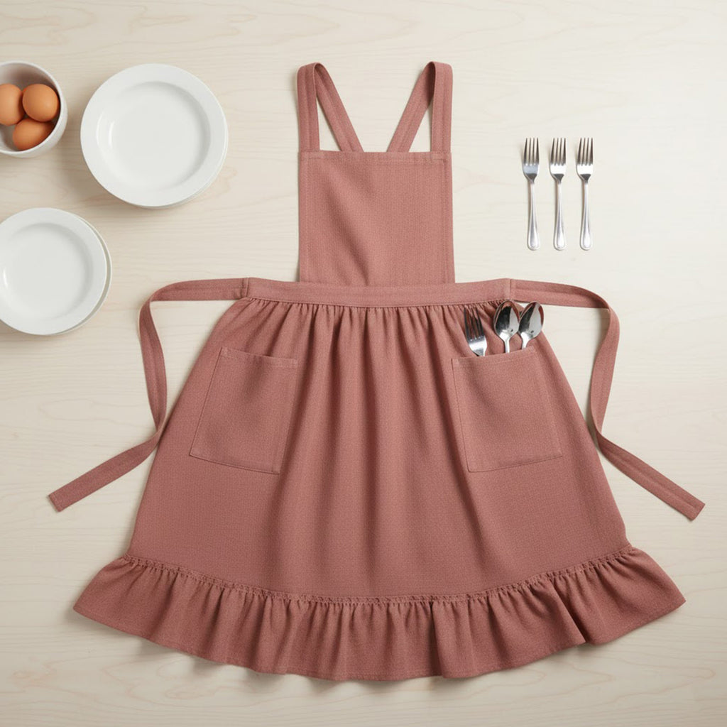 Anna-Kaci Adjustable Cross Back Ruffle Hem Apron with Front Pockets and Soft Fabric Design