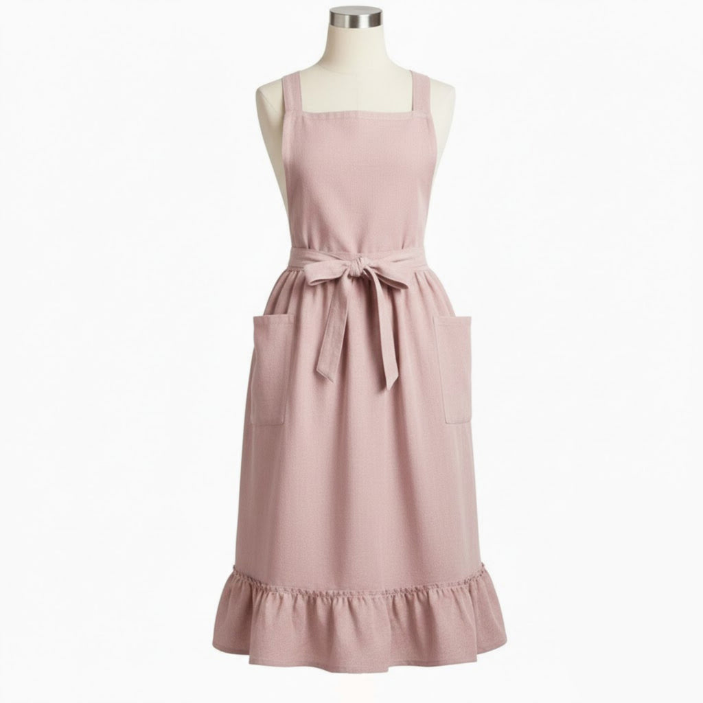 Anna-Kaci Adjustable Cross Back Ruffle Hem Apron with Front Pockets and Soft Fabric Design