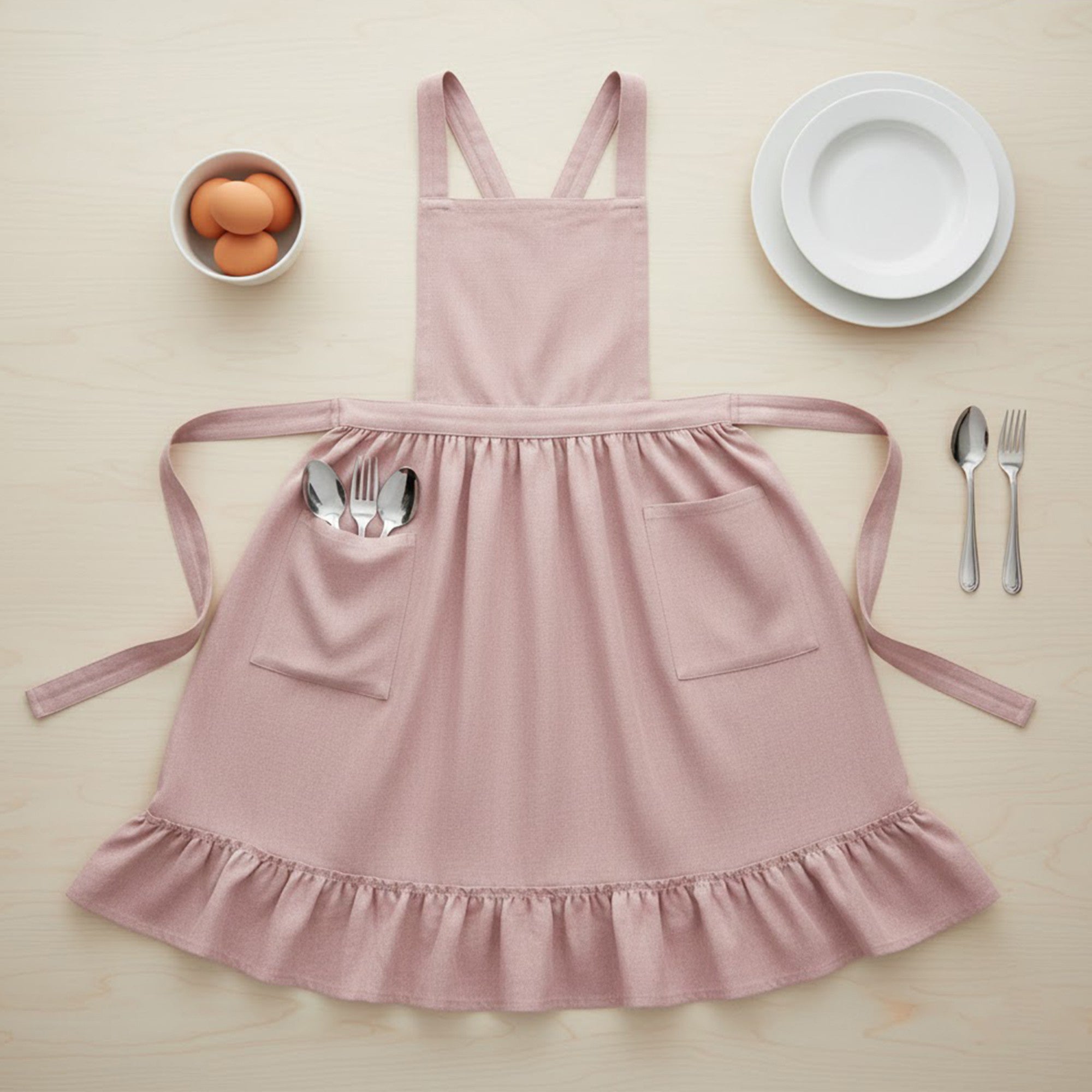 Anna-Kaci Adjustable Cross Back Ruffle Hem Apron with Front Pockets and Soft Fabric Design
