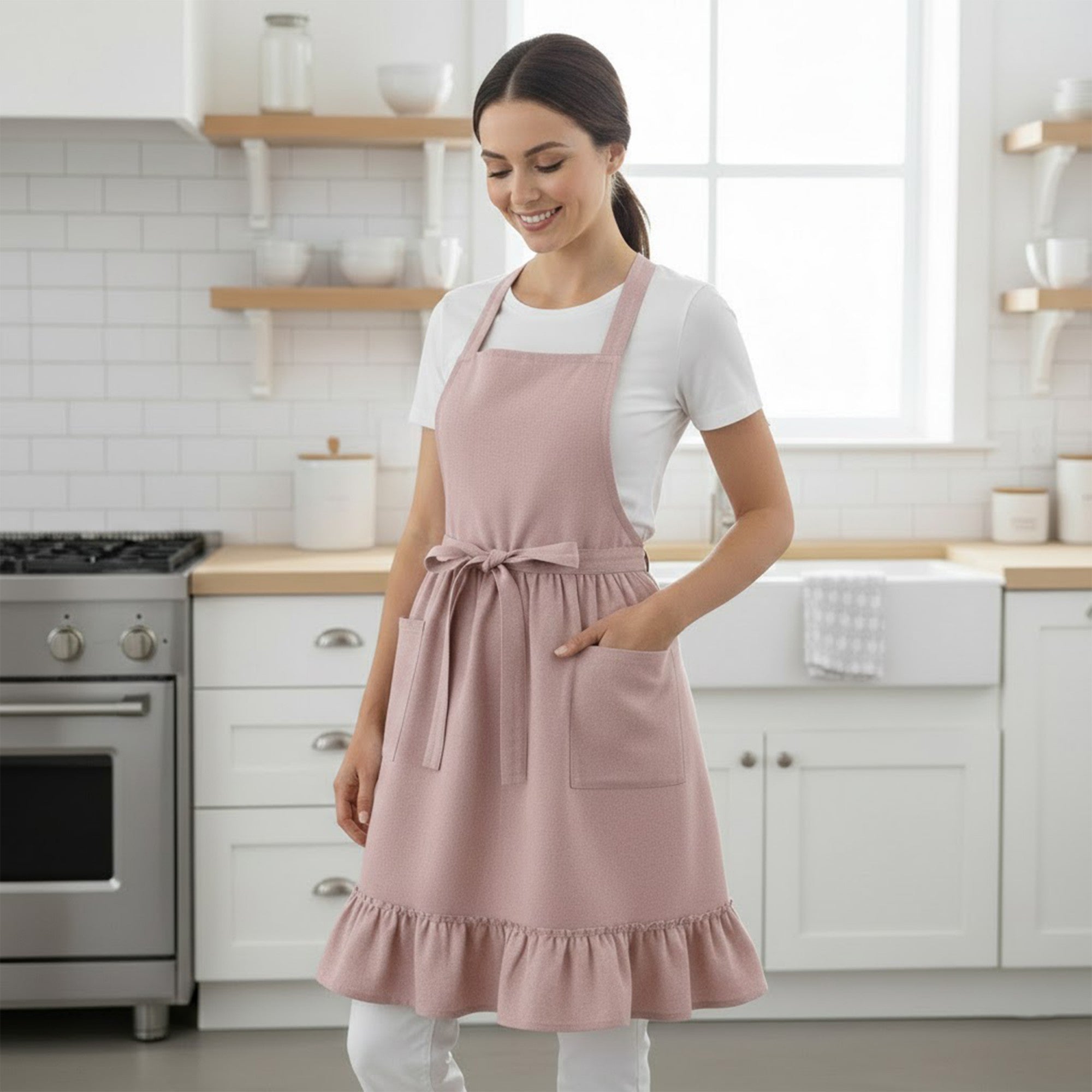 Anna-Kaci Adjustable Cross Back Ruffle Hem Apron with Front Pockets and Soft Fabric Design