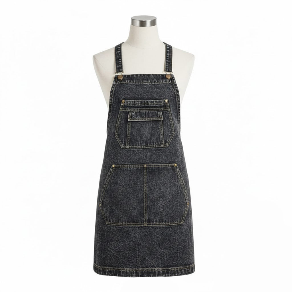 Anna-Kaci Adjustable Cross Back Denim Utility Apron with Multi Pocket Storage and Reinforced Hardware Design