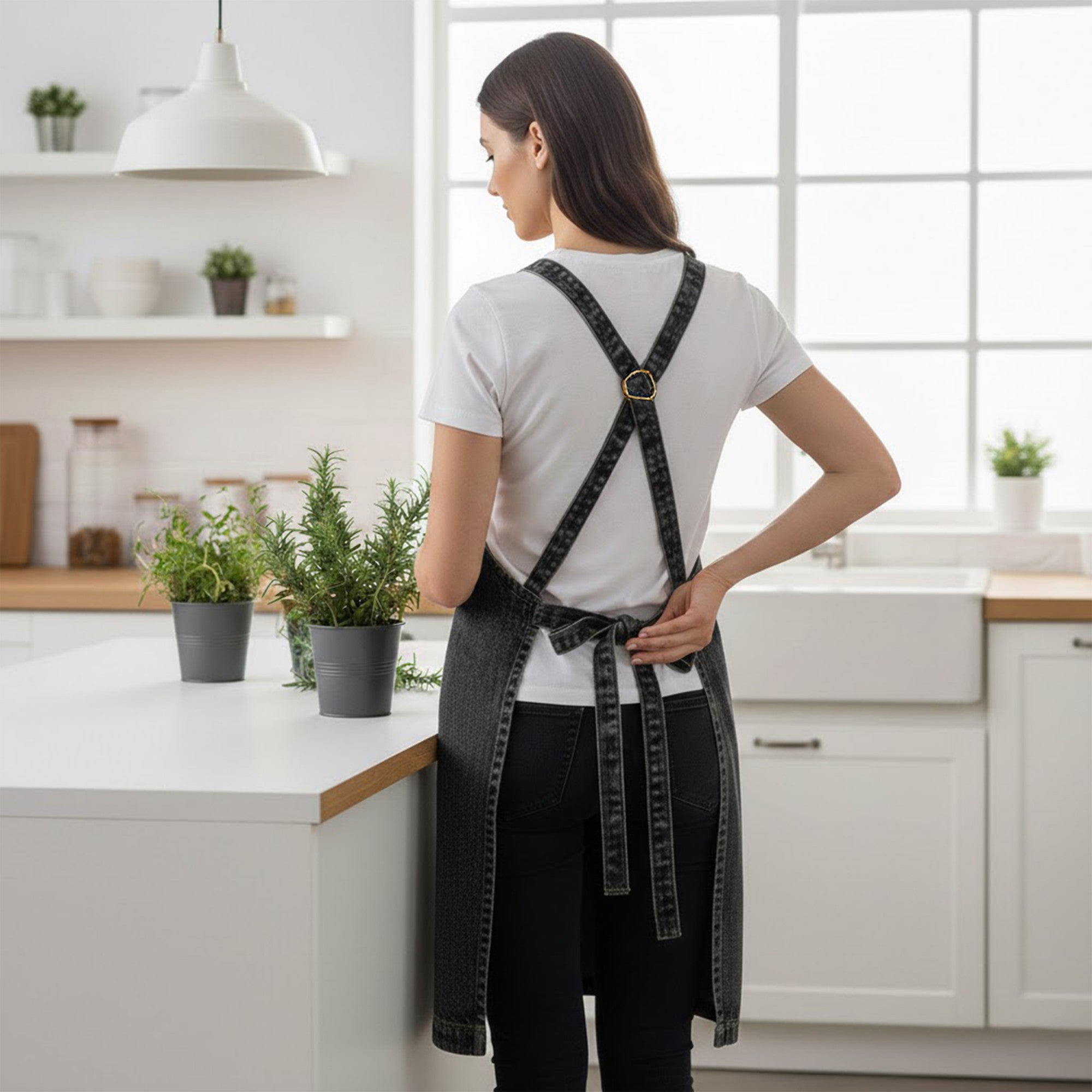 Anna-Kaci Adjustable Cross Back Denim Utility Apron with Multi Pocket Storage and Reinforced Hardware Design