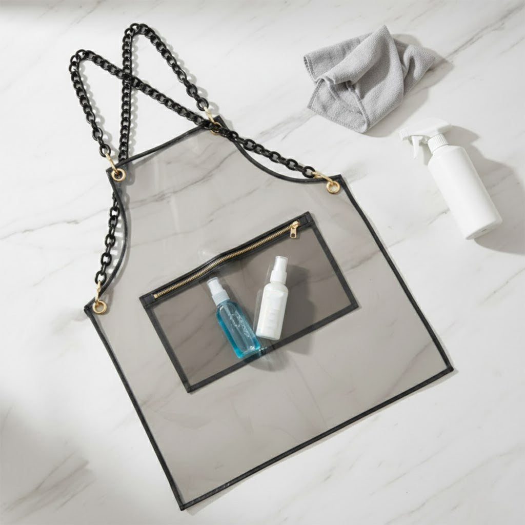 Anna-Kaci Adjustable Cross Back Transparent Utility Apron with Chain Strap Detail and Zippered Front Pocket
