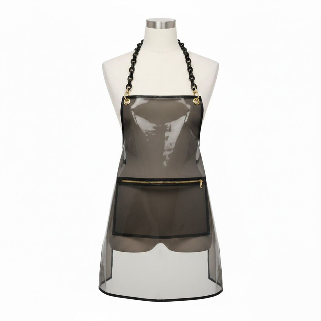 Anna-Kaci Adjustable Cross Back Transparent Utility Apron with Chain Strap Detail and Zippered Front Pocket