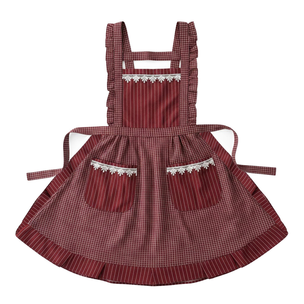 Anna-Kaci Lace Trim Check and Stripe Kitchen Apron with Ruffle Strap Bib Dual Front Pockets and Adjustable Waist Ties