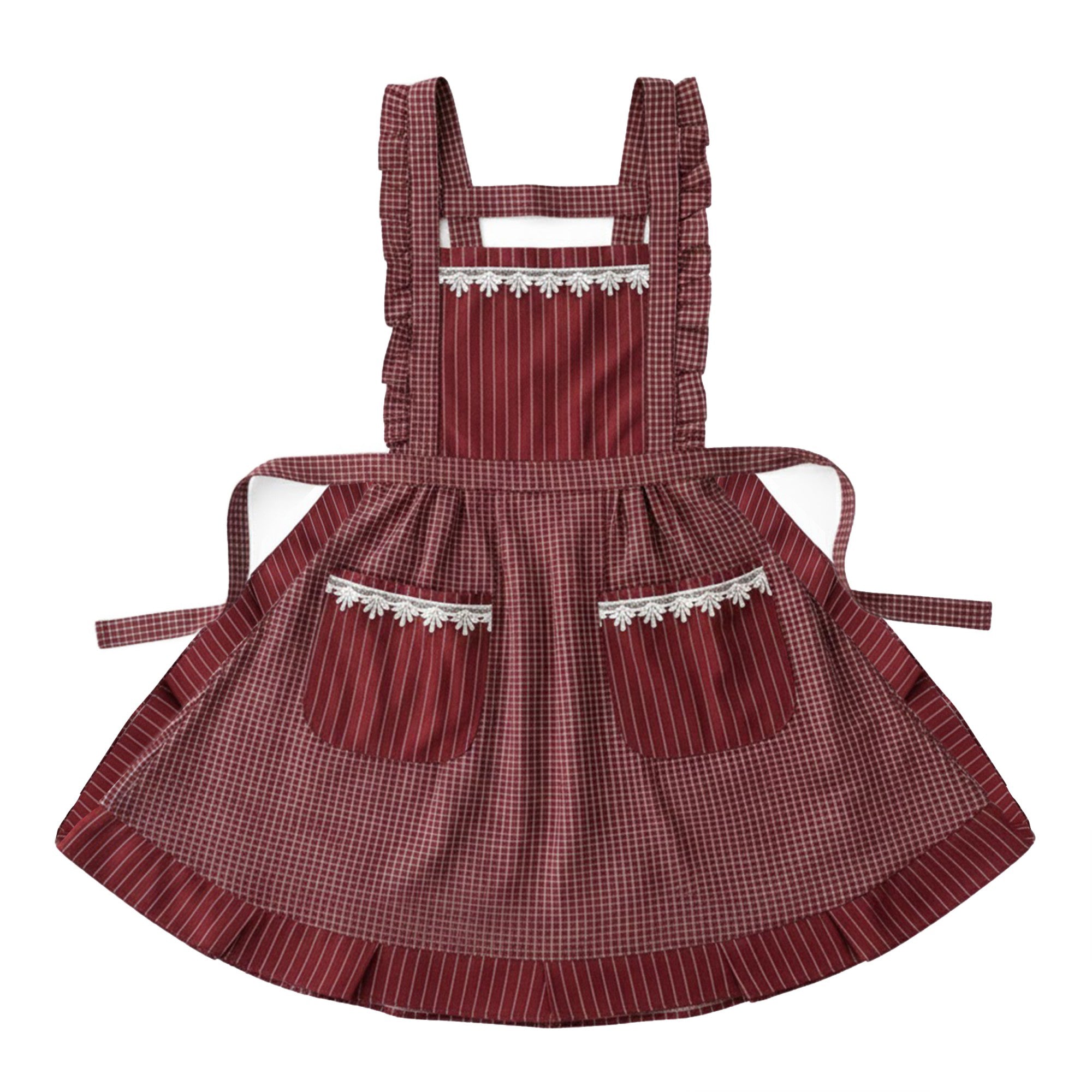 Anna-Kaci Lace Trim Check and Stripe Kitchen Apron with Ruffle Strap Bib Dual Front Pockets and Adjustable Waist Ties
