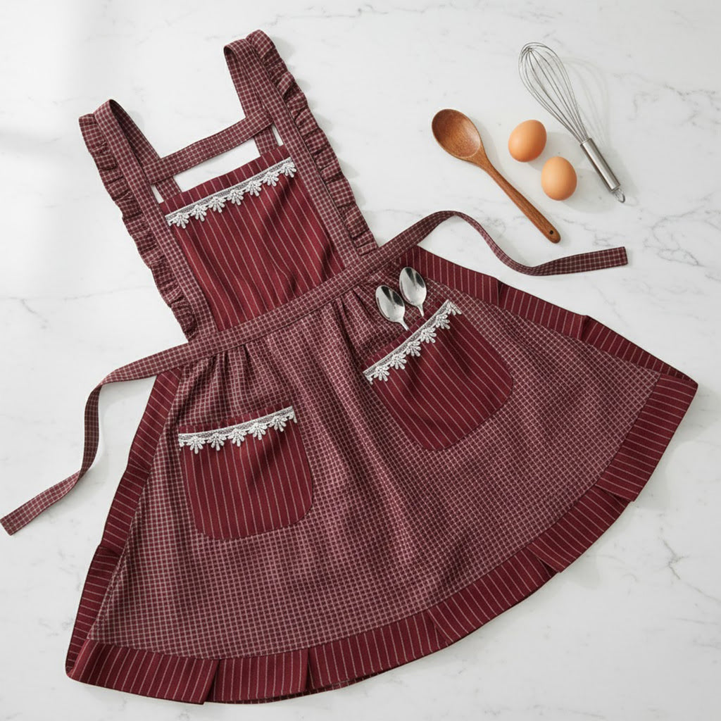Anna-Kaci Lace Trim Check and Stripe Kitchen Apron with Ruffle Strap Bib Dual Front Pockets and Adjustable Waist Ties