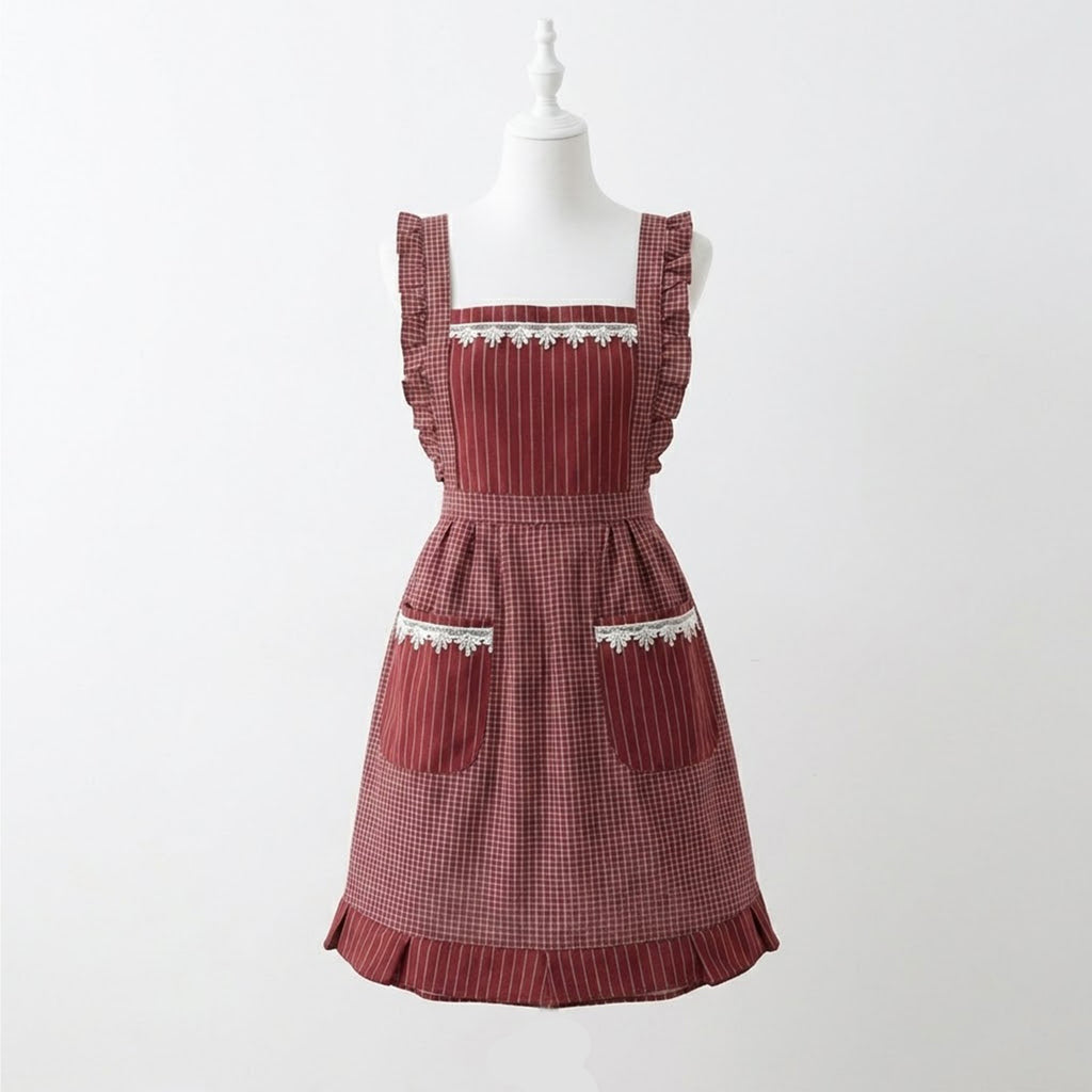 Anna-Kaci Lace Trim Check and Stripe Kitchen Apron with Ruffle Strap Bib Dual Front Pockets and Adjustable Waist Ties