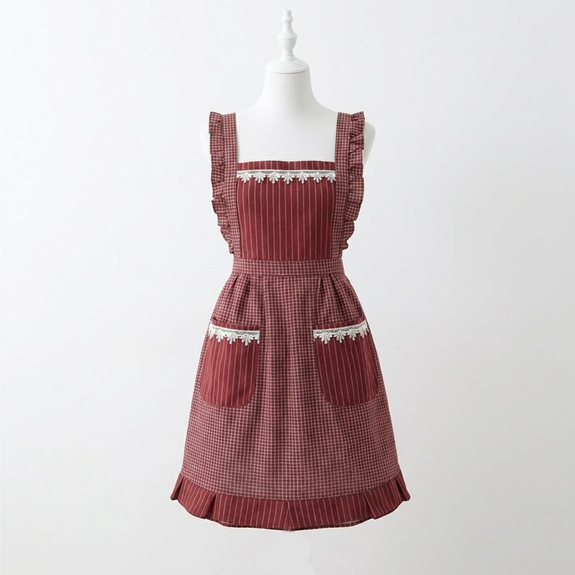 Anna-Kaci Lace Trim Check and Stripe Kitchen Apron with Ruffle Strap Bib Dual Front Pockets and Adjustable Waist Ties