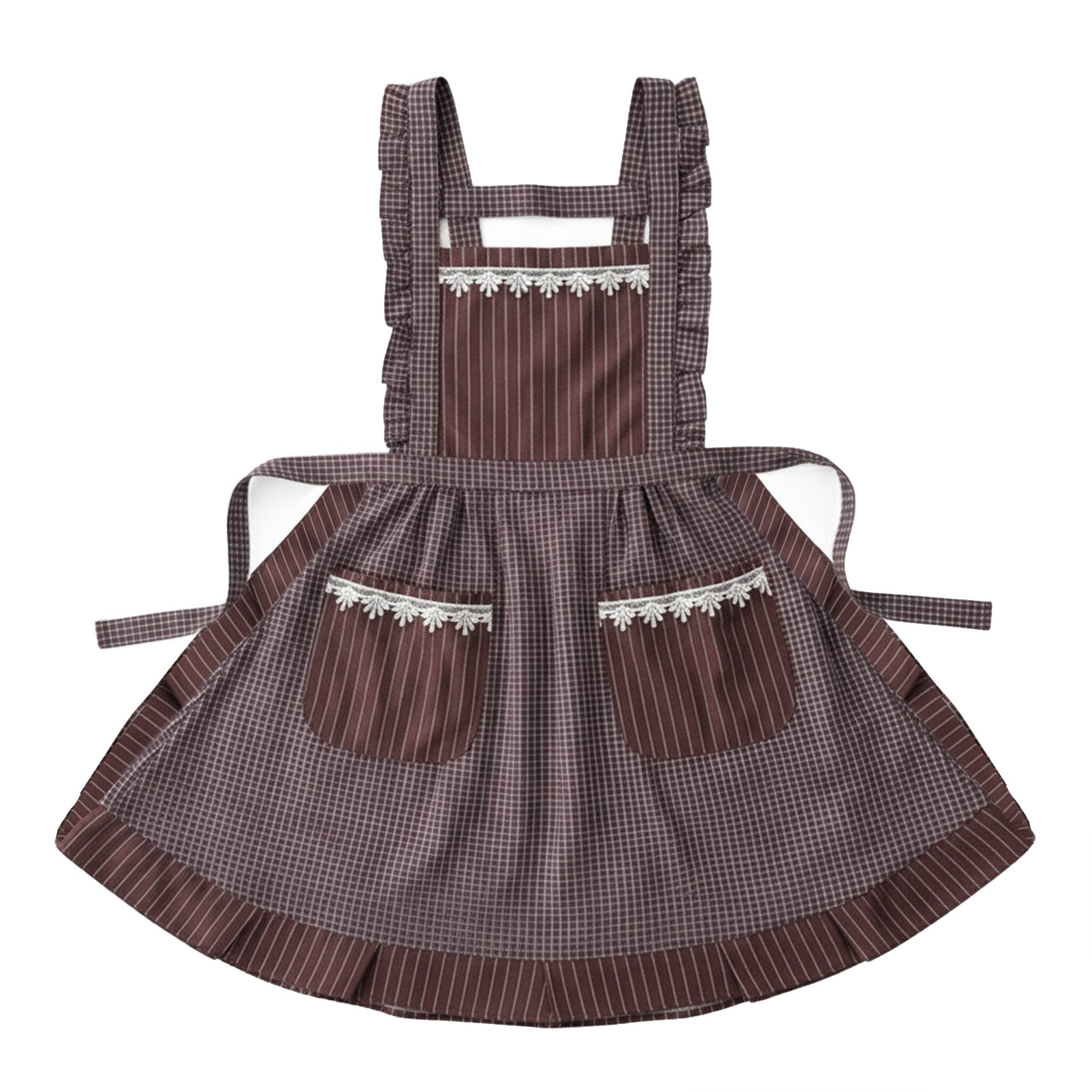 Anna-Kaci Lace Trim Check and Stripe Kitchen Apron with Ruffle Strap Bib Dual Front Pockets and Adjustable Waist Ties