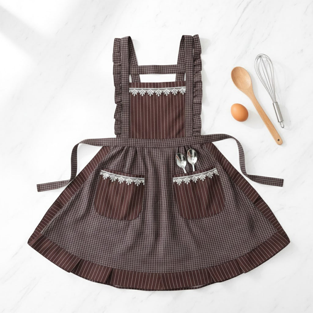 Anna-Kaci Lace Trim Check and Stripe Kitchen Apron with Ruffle Strap Bib Dual Front Pockets and Adjustable Waist Ties
