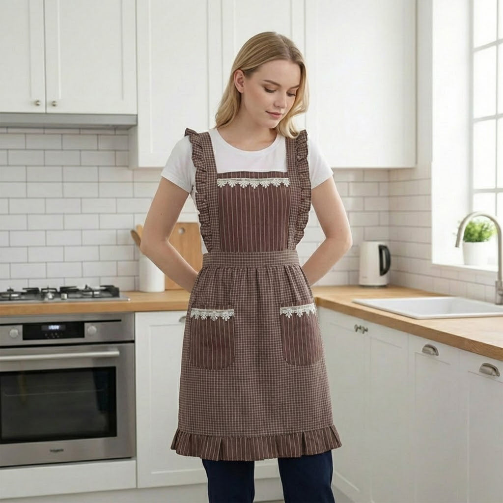 Anna-Kaci Lace Trim Check and Stripe Kitchen Apron with Ruffle Strap Bib Dual Front Pockets and Adjustable Waist Ties