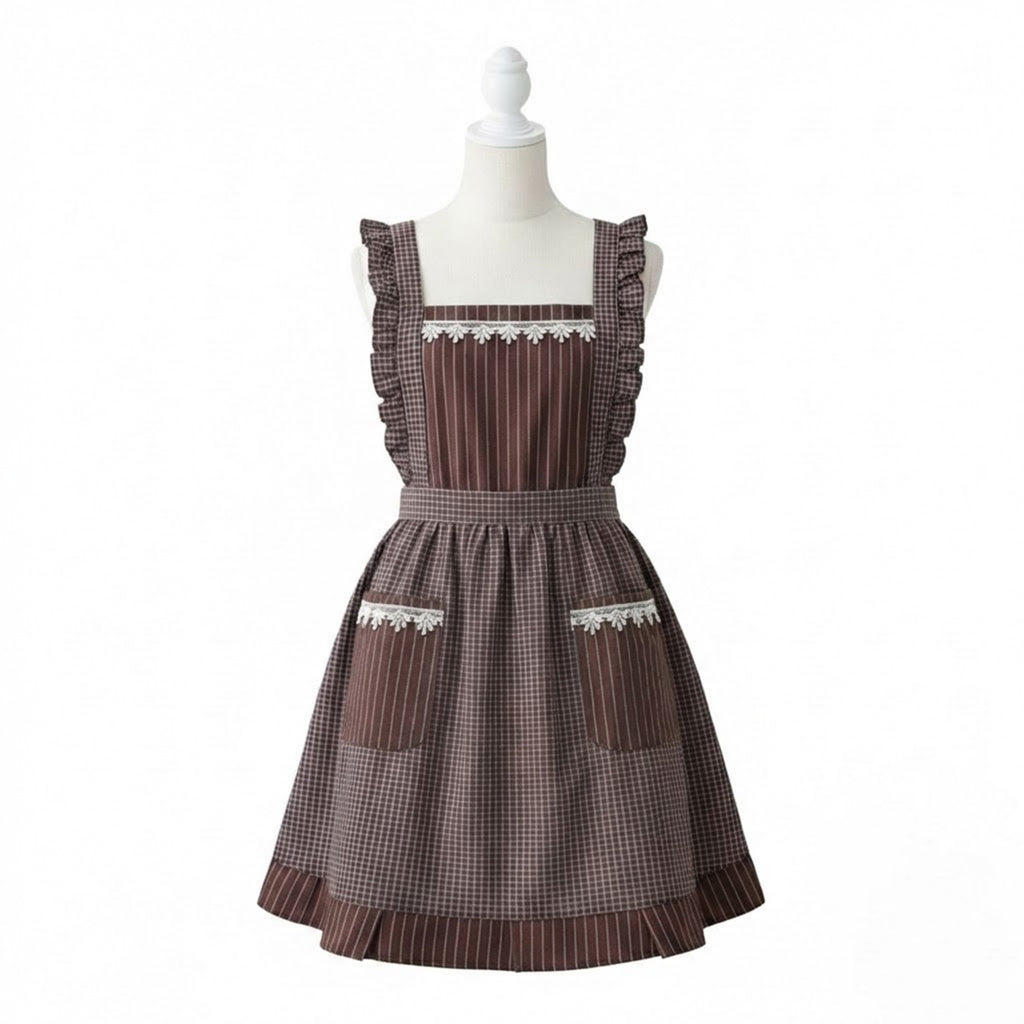 Anna-Kaci Lace Trim Check and Stripe Kitchen Apron with Ruffle Strap Bib Dual Front Pockets and Adjustable Waist Ties