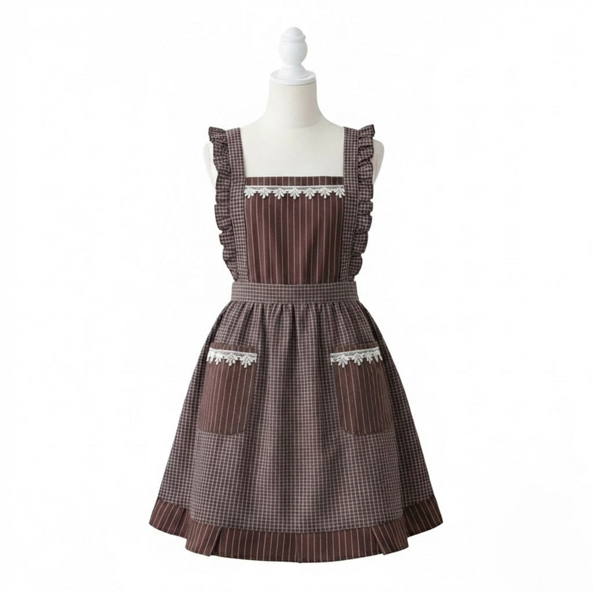 Anna-Kaci Lace Trim Check and Stripe Kitchen Apron with Ruffle Strap Bib Dual Front Pockets and Adjustable Waist Ties