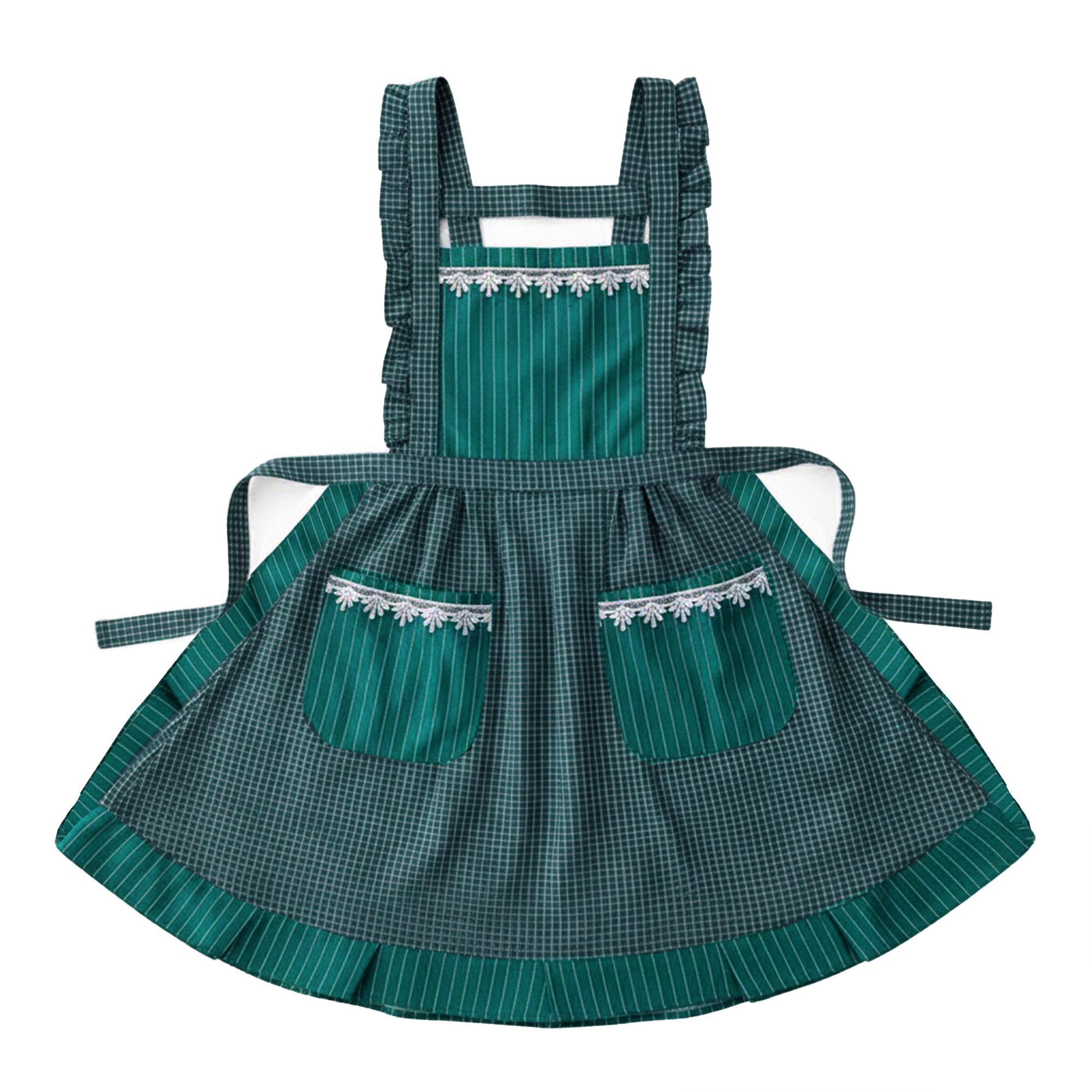 Anna-Kaci Lace Trim Check and Stripe Kitchen Apron with Ruffle Strap Bib Dual Front Pockets and Adjustable Waist Ties