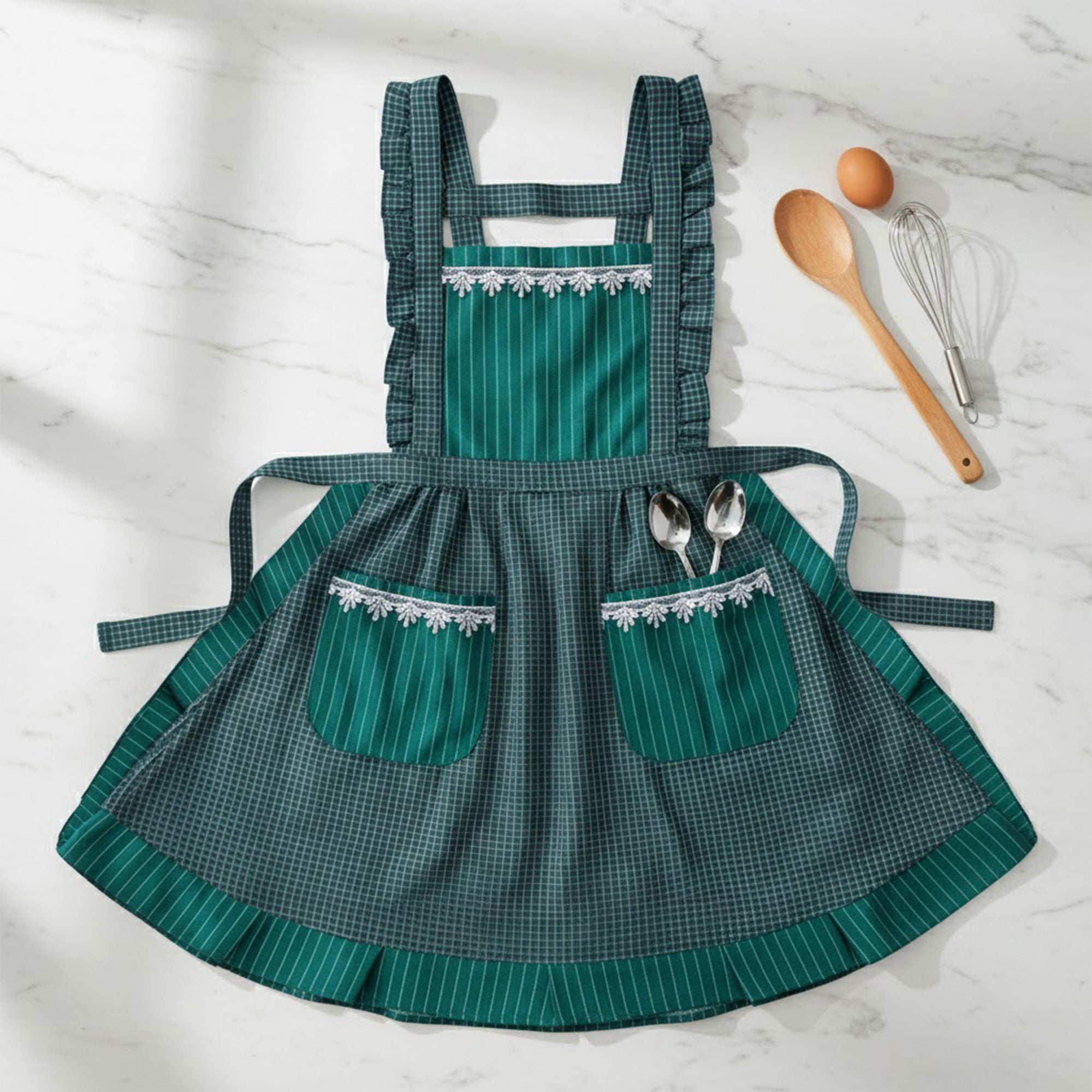 Anna-Kaci Lace Trim Check and Stripe Kitchen Apron with Ruffle Strap Bib Dual Front Pockets and Adjustable Waist Ties