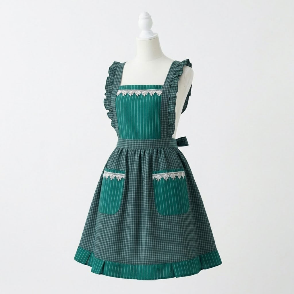 Anna-Kaci Lace Trim Check and Stripe Kitchen Apron with Ruffle Strap Bib Dual Front Pockets and Adjustable Waist Ties