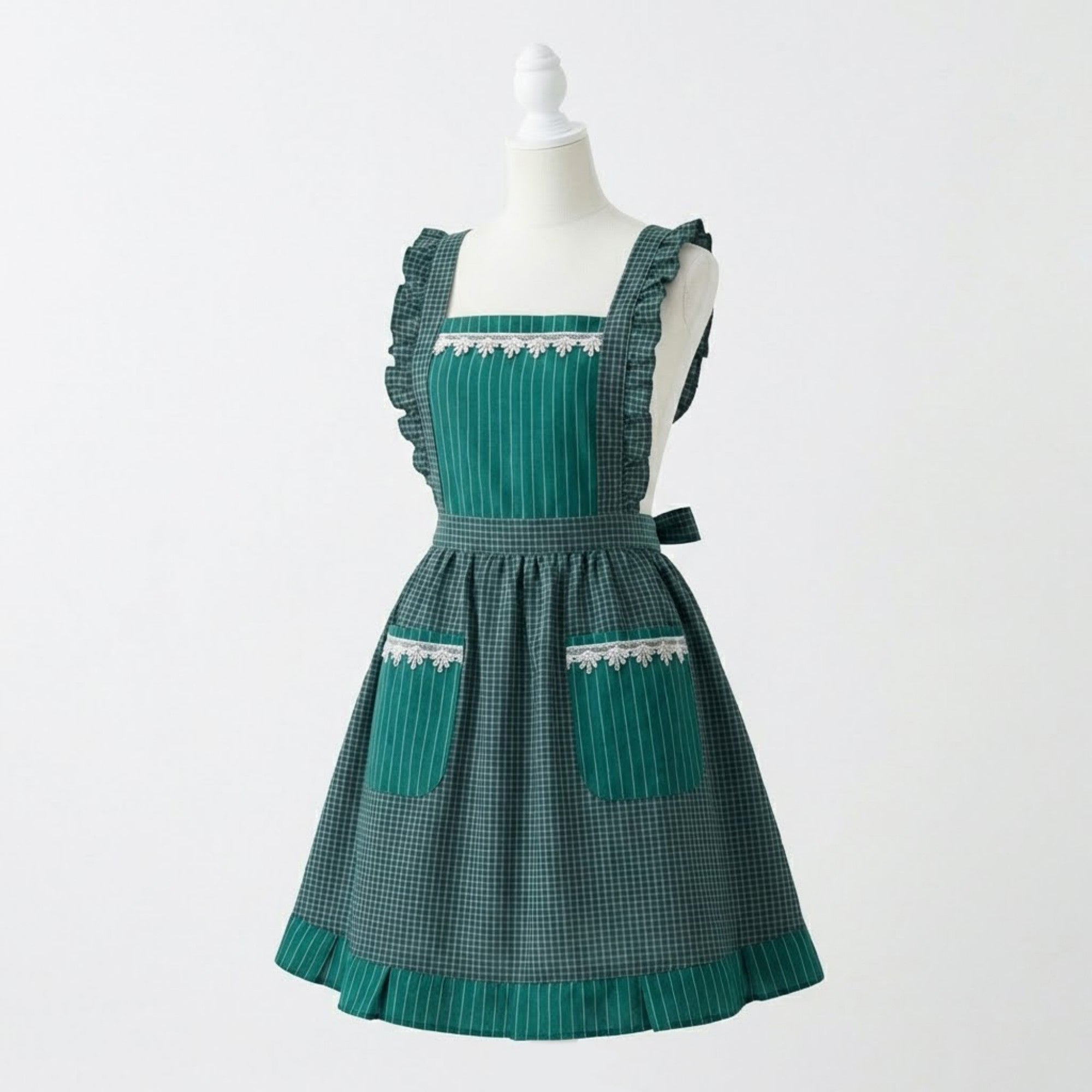 Anna-Kaci Lace Trim Check and Stripe Kitchen Apron with Ruffle Strap Bib Dual Front Pockets and Adjustable Waist Ties