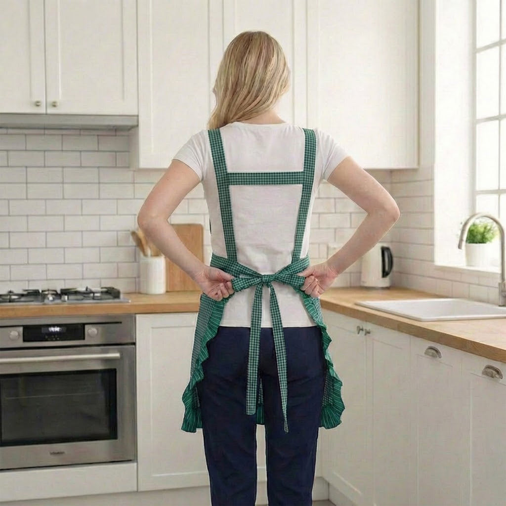 Anna-Kaci Lace Trim Check and Stripe Kitchen Apron with Ruffle Strap Bib Dual Front Pockets and Adjustable Waist Ties