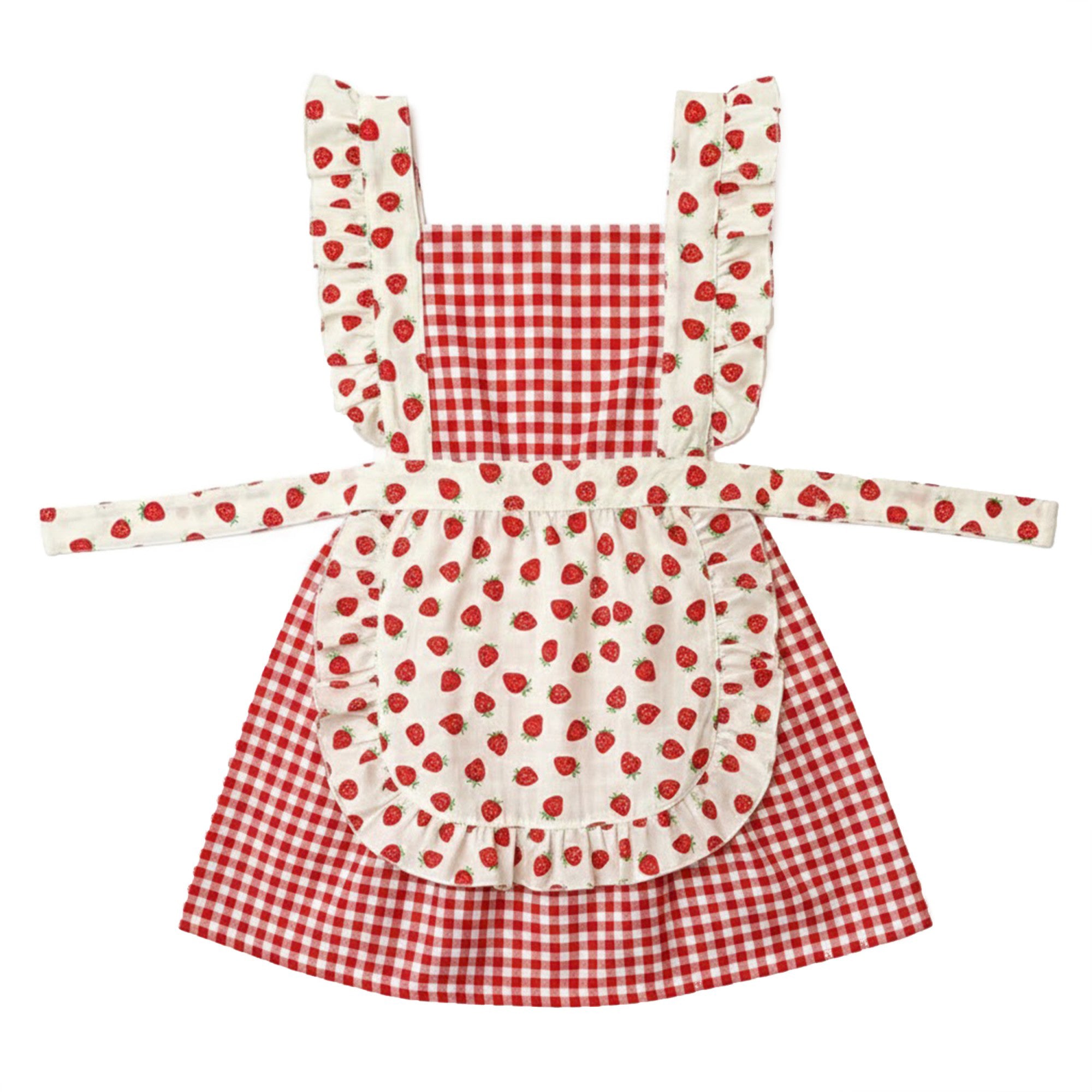 Anna-Kaci Strawberry Print Gingham Kitchen Apron with Ruffle Strap Bib Design Front Pocket and Adjustable Waist Ties