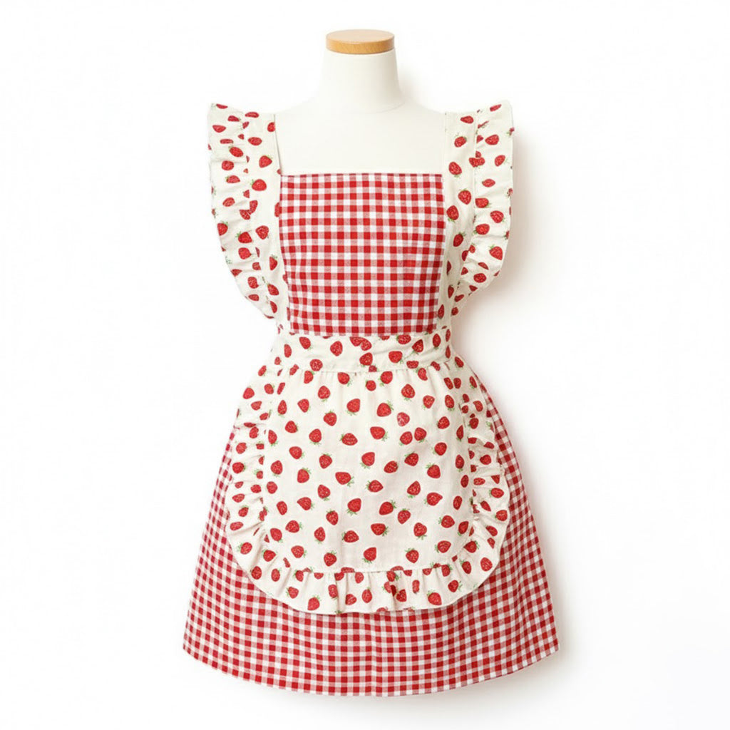 Anna-Kaci Strawberry Print Gingham Kitchen Apron with Ruffle Strap Bib Design Front Pocket and Adjustable Waist Ties