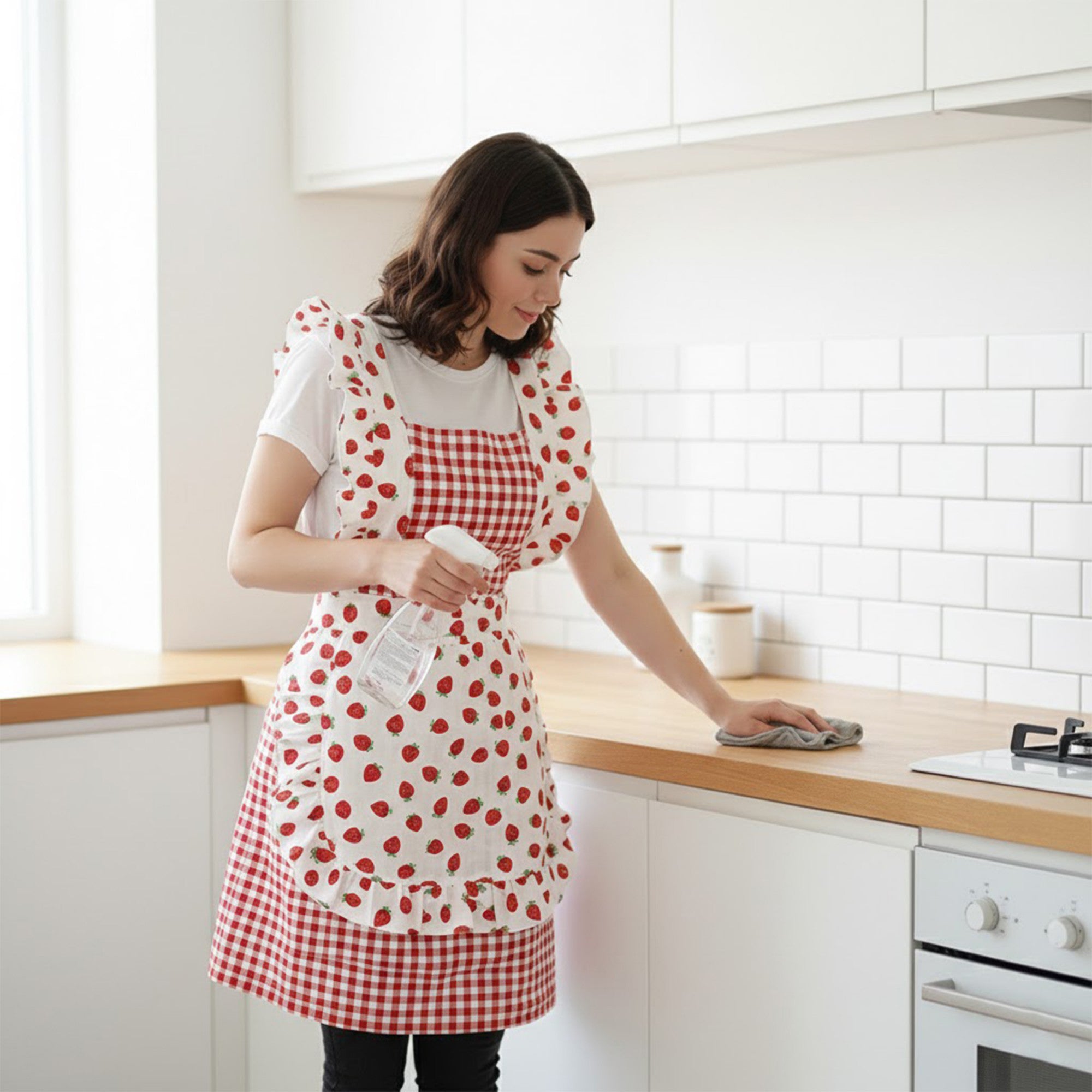 Anna-Kaci Strawberry Print Gingham Kitchen Apron with Ruffle Strap Bib Design Front Pocket and Adjustable Waist Ties