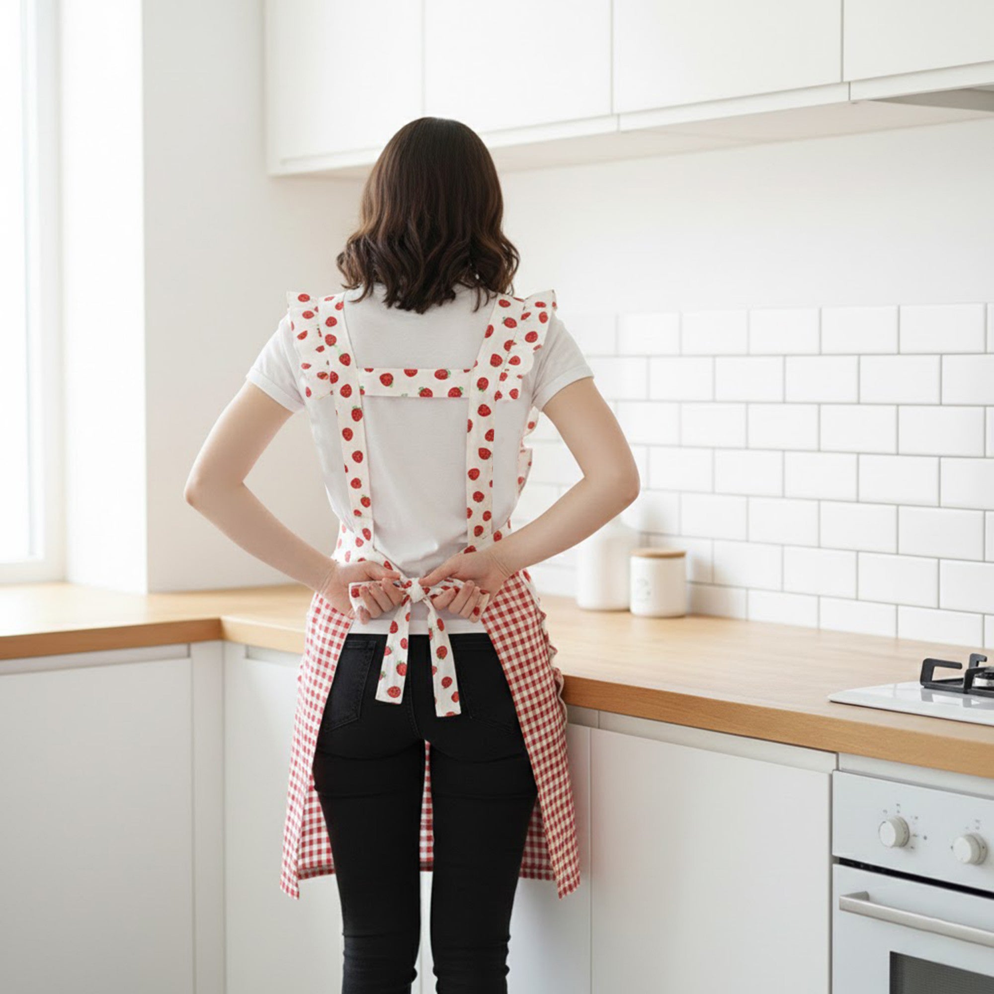 Anna-Kaci Strawberry Print Gingham Kitchen Apron with Ruffle Strap Bib Design Front Pocket and Adjustable Waist Ties