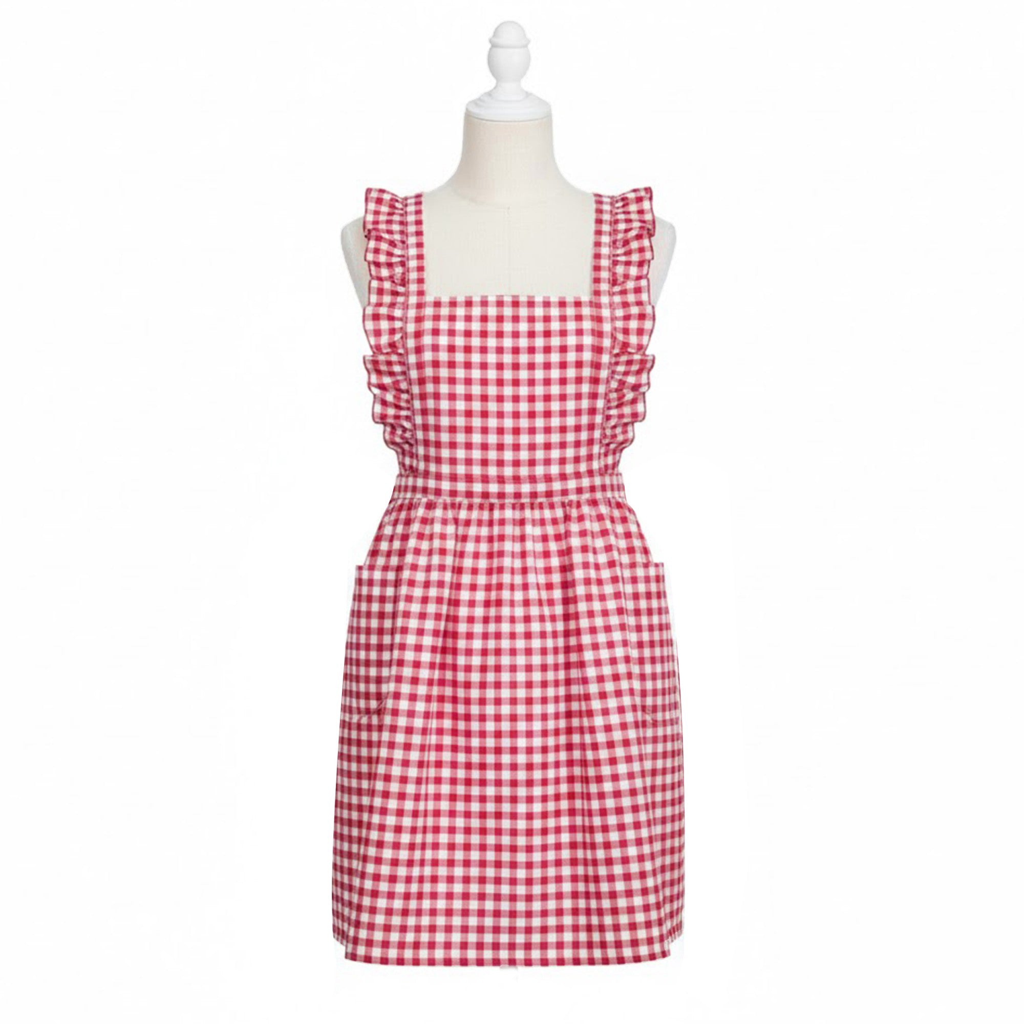 Anna-Kaci Gingham Ruffle Kitchen Apron with Square Bib Design Dual Front Pockets and Adjustable Waist Ties