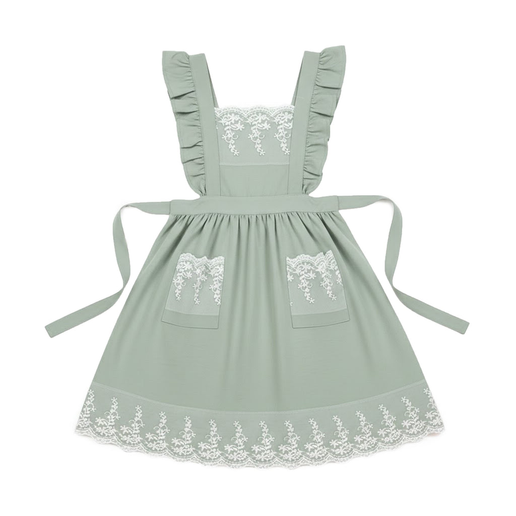 Anna-Kaci Lace Trim Ruffle Kitchen Apron with Embroidered Bib Detail Dual Front Pockets and Adjustable Waist Ties