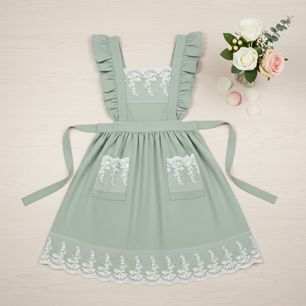 Anna-Kaci Lace Trim Ruffle Kitchen Apron with Embroidered Bib Detail Dual Front Pockets and Adjustable Waist Ties