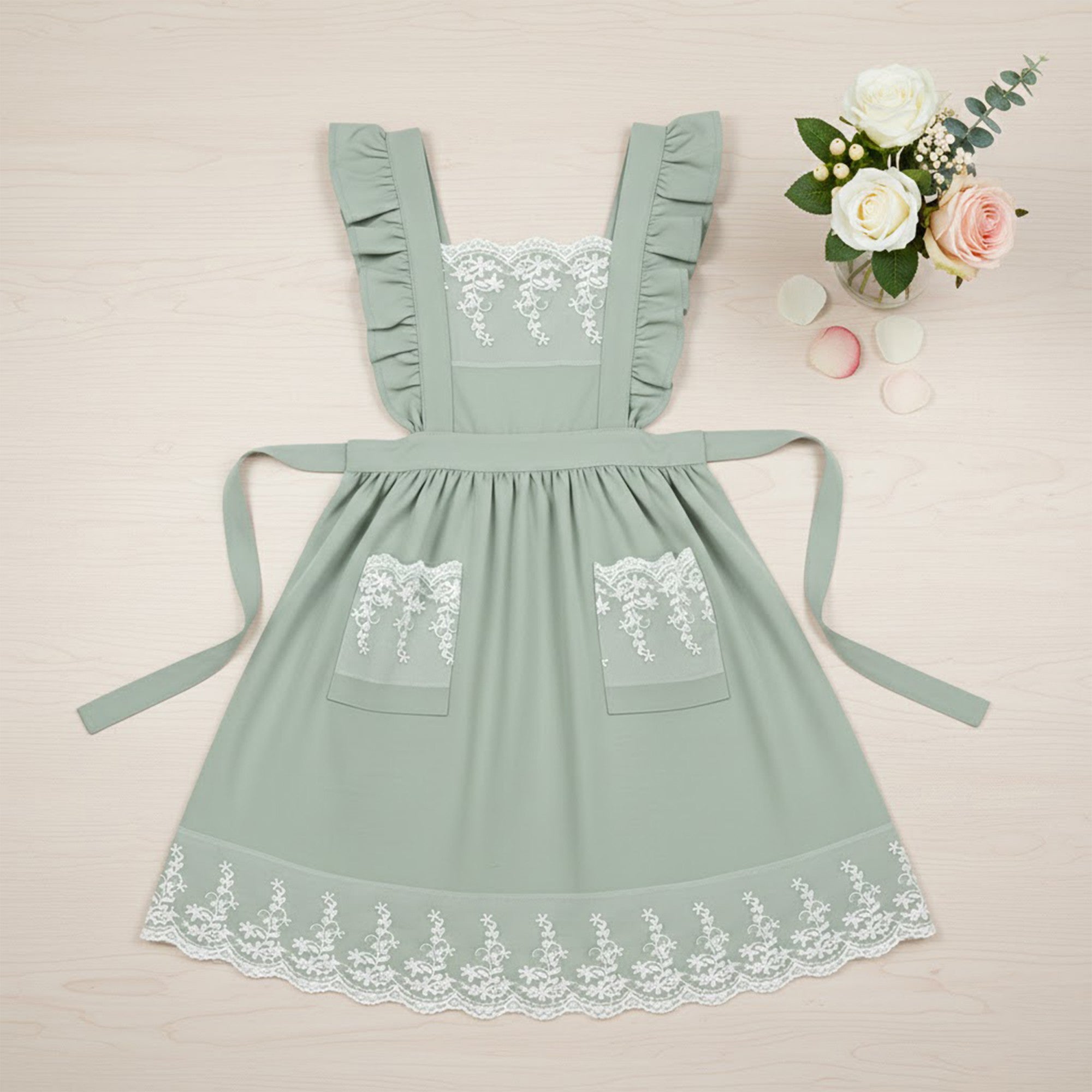 Anna-Kaci Lace Trim Ruffle Kitchen Apron with Embroidered Bib Detail Dual Front Pockets and Adjustable Waist Ties