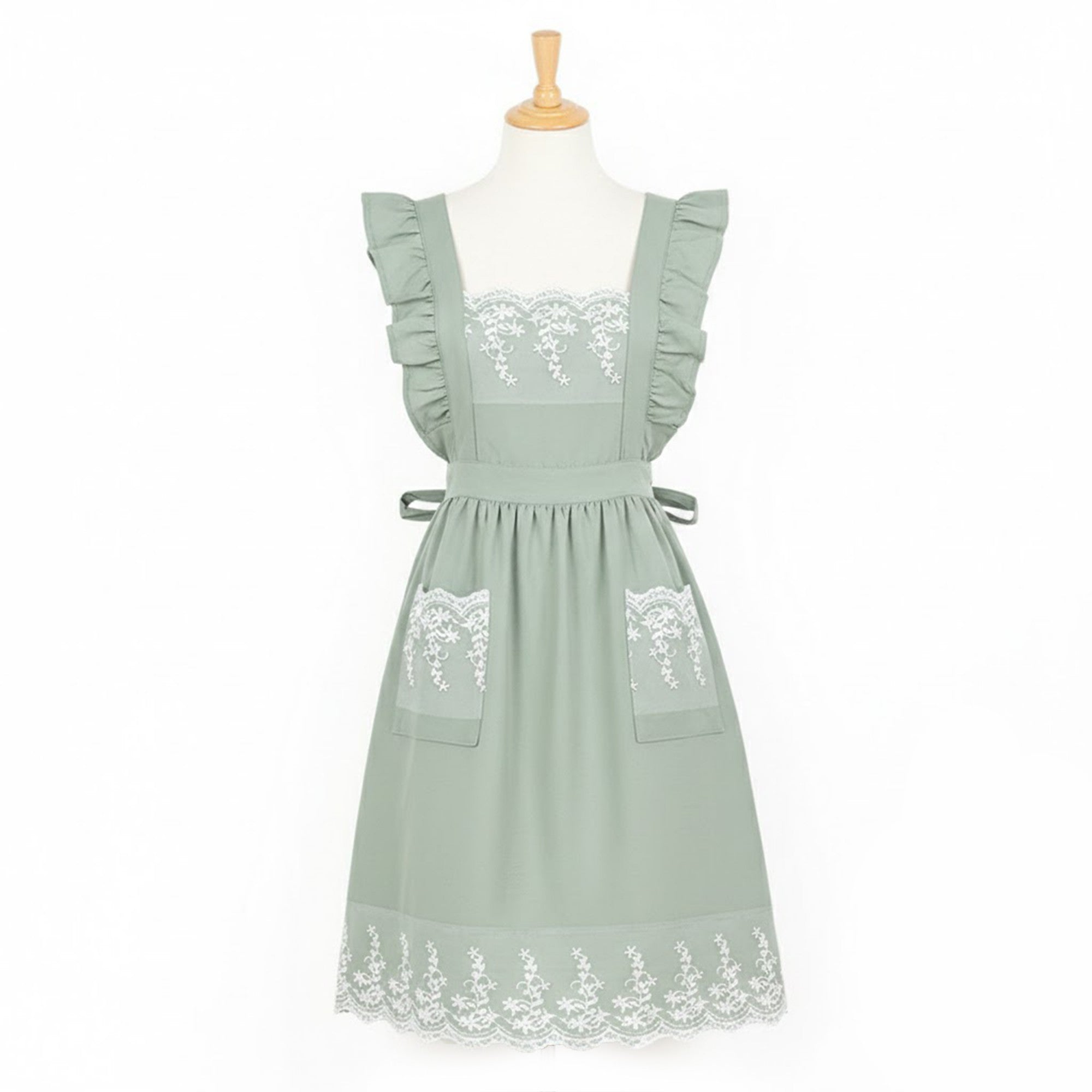 Anna-Kaci Lace Trim Ruffle Kitchen Apron with Embroidered Bib Detail Dual Front Pockets and Adjustable Waist Ties