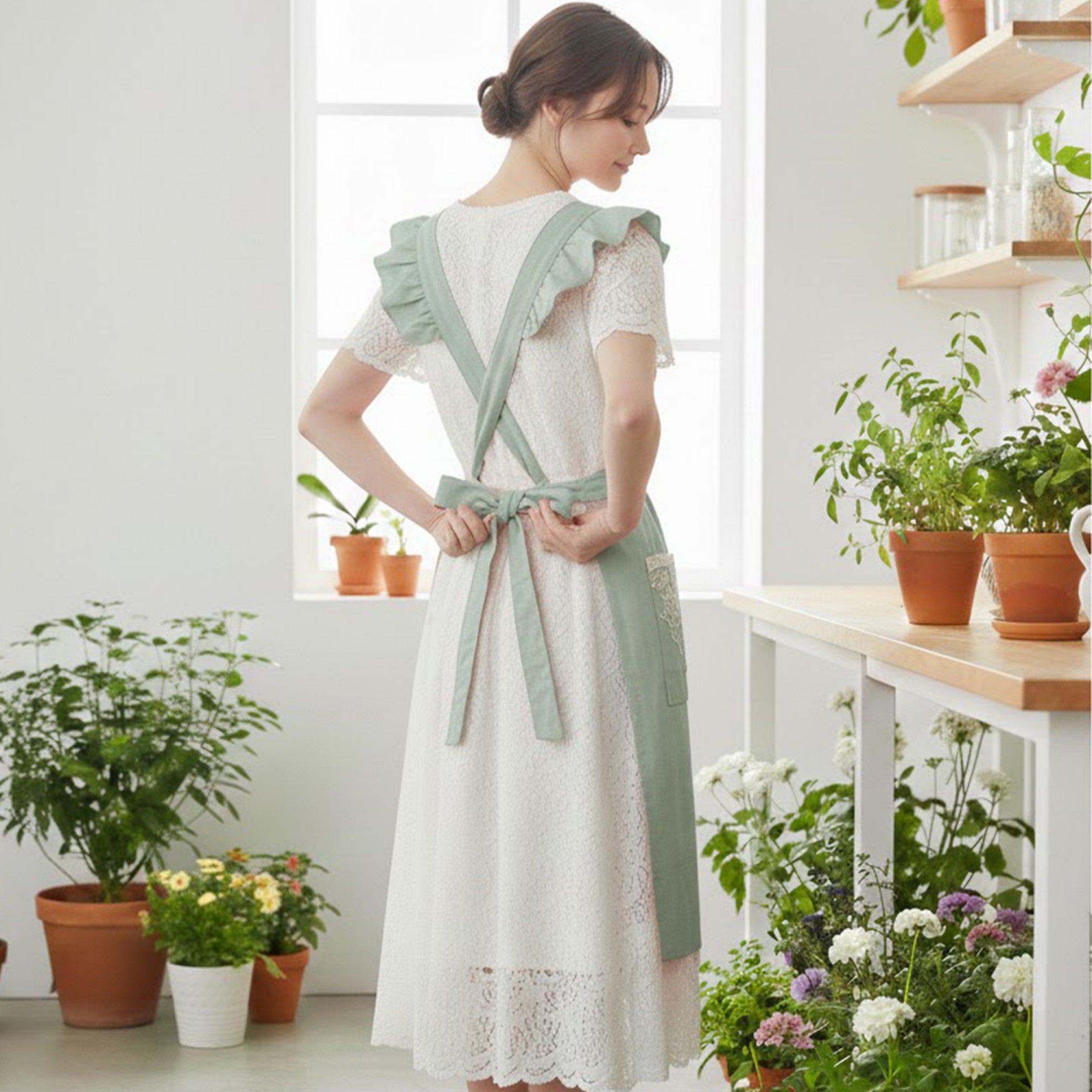 Anna-Kaci Lace Trim Ruffle Kitchen Apron with Embroidered Bib Detail Dual Front Pockets and Adjustable Waist Ties