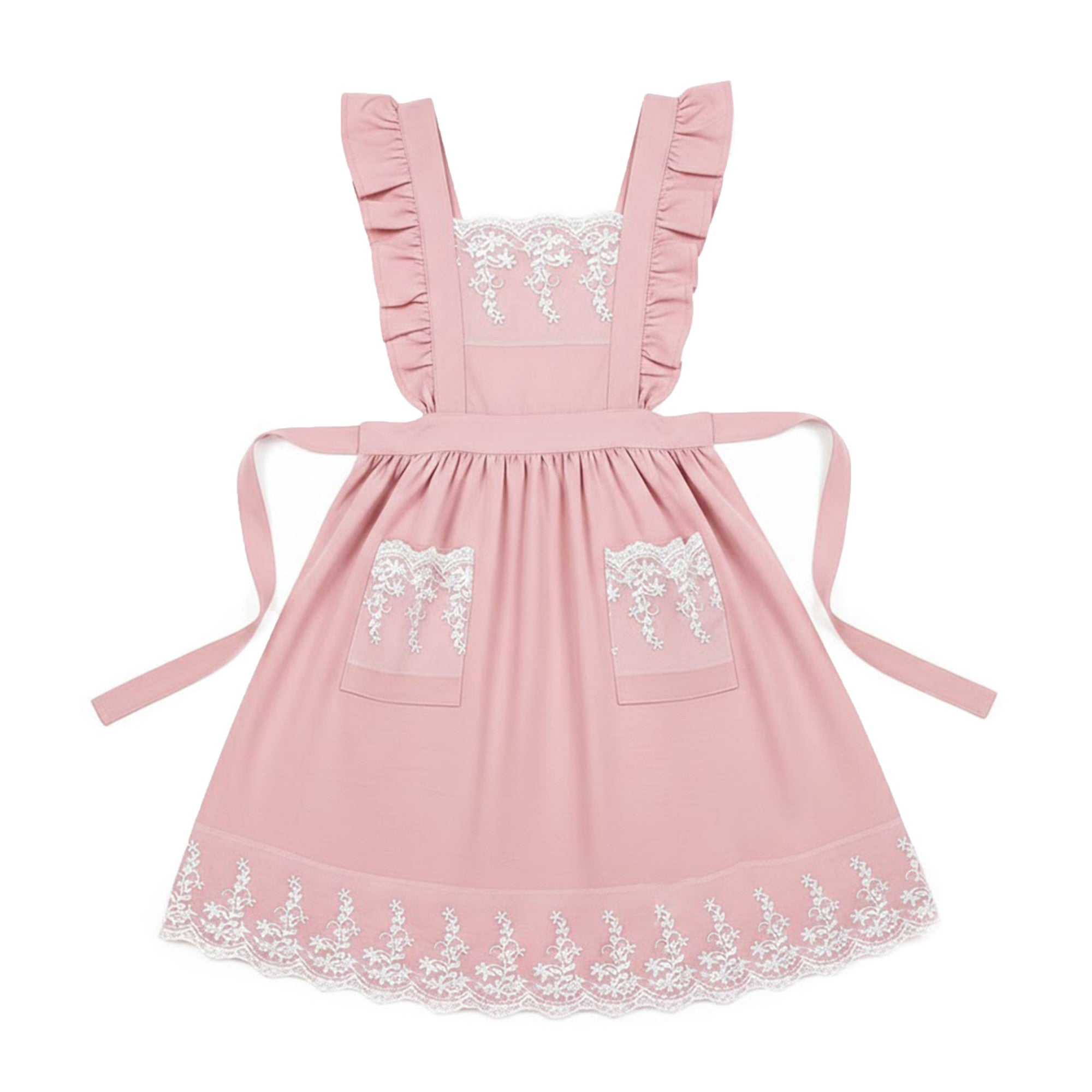 Anna-Kaci Lace Trim Ruffle Kitchen Apron with Embroidered Bib Detail Dual Front Pockets and Adjustable Waist Ties