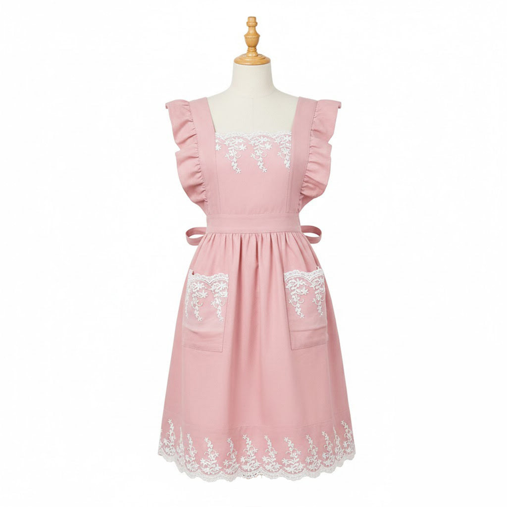 Anna-Kaci Lace Trim Ruffle Kitchen Apron with Embroidered Bib Detail Dual Front Pockets and Adjustable Waist Ties