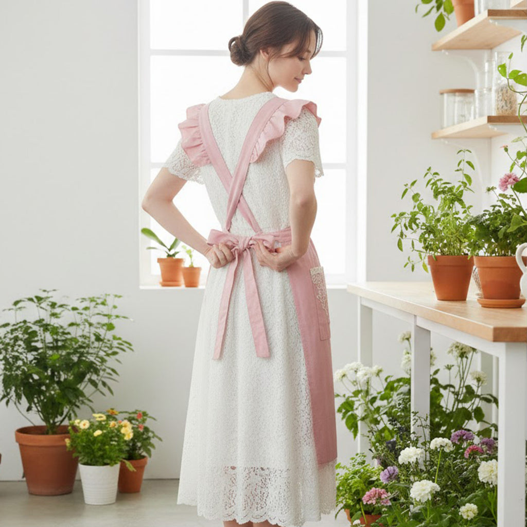 Anna-Kaci Lace Trim Ruffle Kitchen Apron with Embroidered Bib Detail Dual Front Pockets and Adjustable Waist Ties