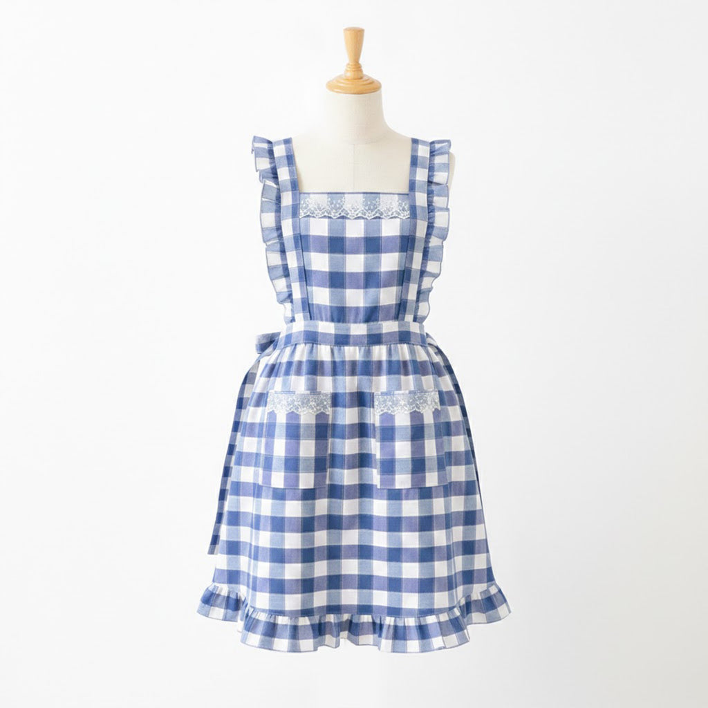 Anna-Kaci Ruffle Trim Striped Kitchen Apron with Dual Front Pockets Adjustable Waist Ties and Decorative Lace Detail